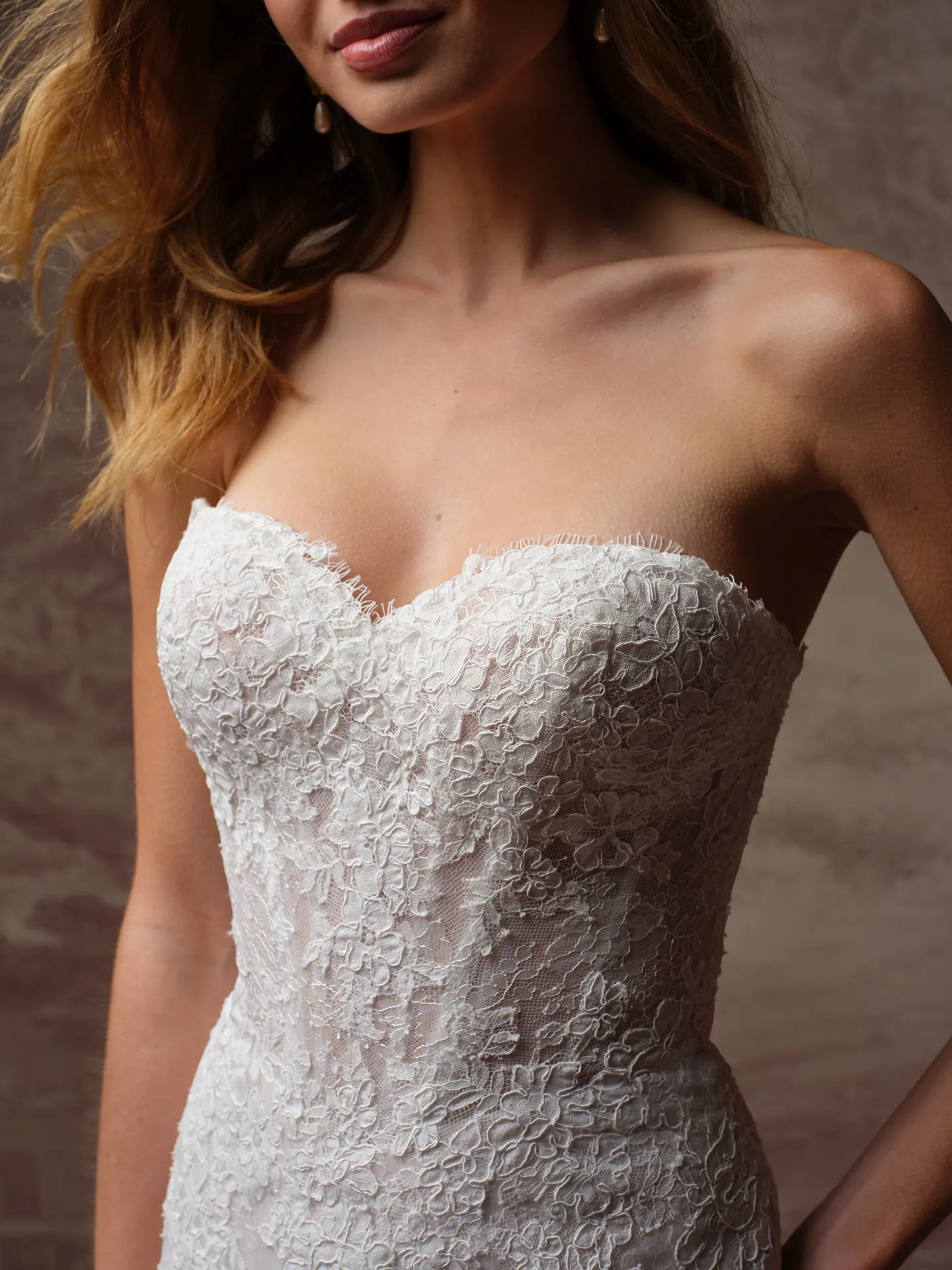 Rebecca Ingram Esmeralda fit-and-flare, lace detail,, front view.