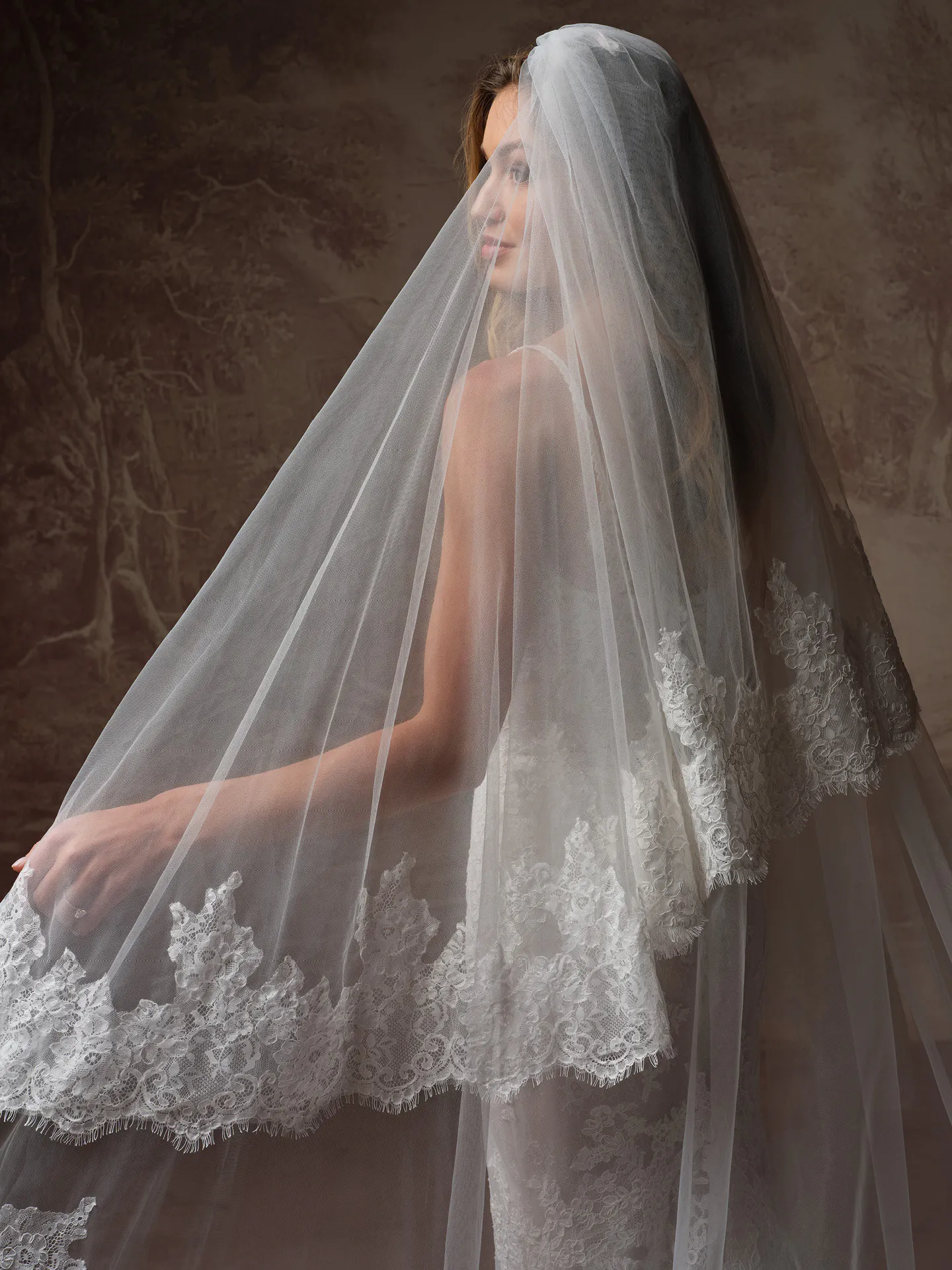 Rebecca Ingram Esmeralda Lane fit-and-flare lace, side view with veil.