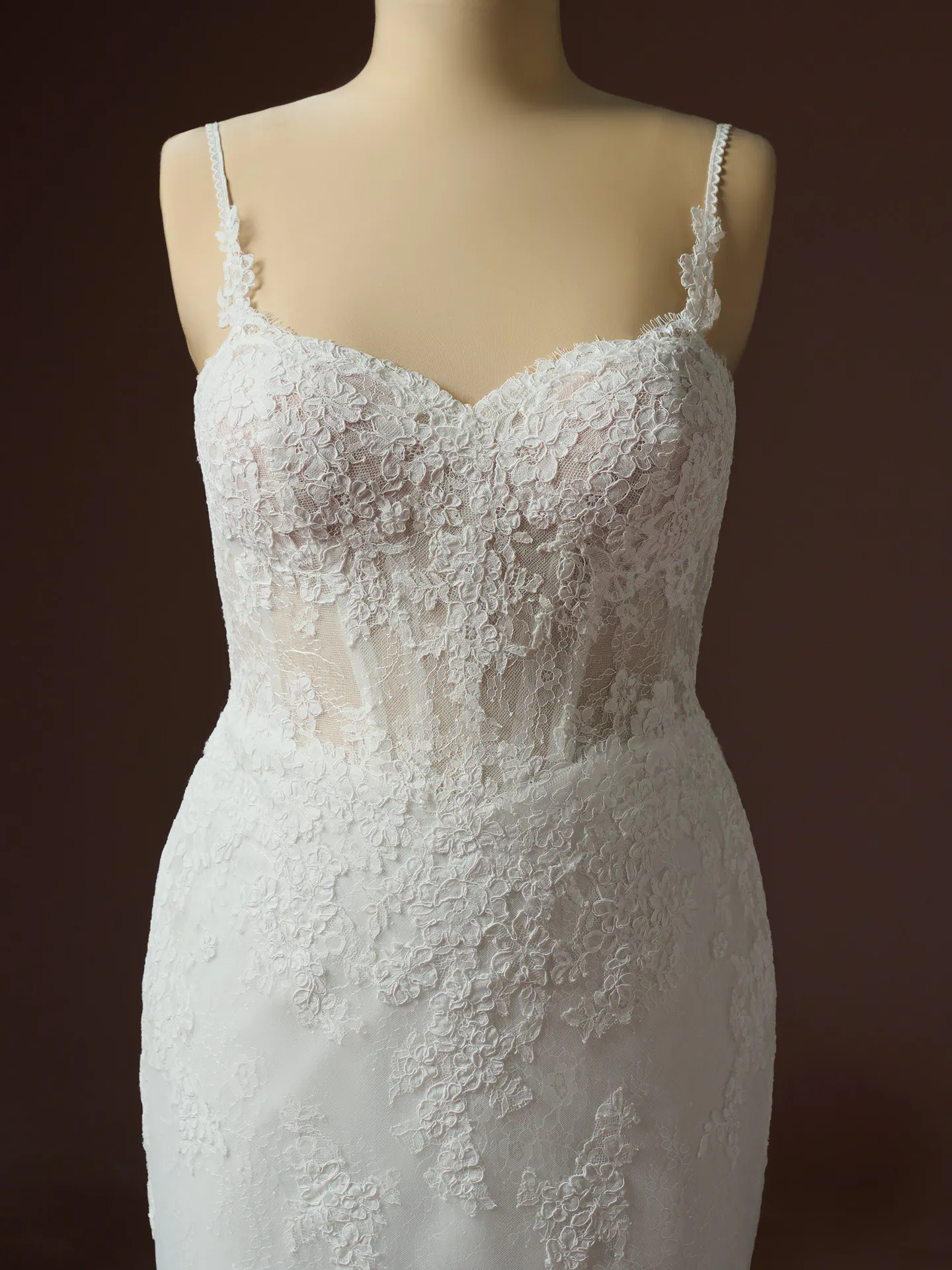 Rebecca Ingram Esmeralda, front view lace fit-and-flare wedding dress.