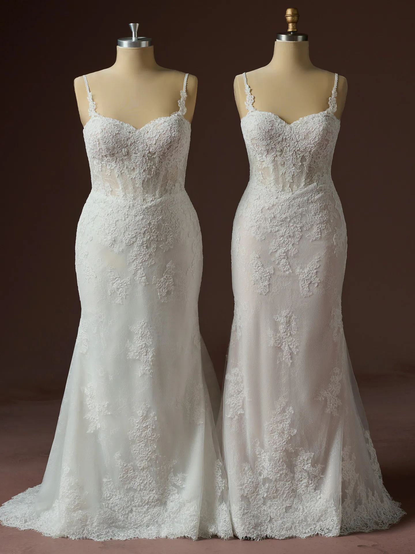 Rebecca Ingram Esmeralda lace fit-and-flare dress, front view on mannequins.