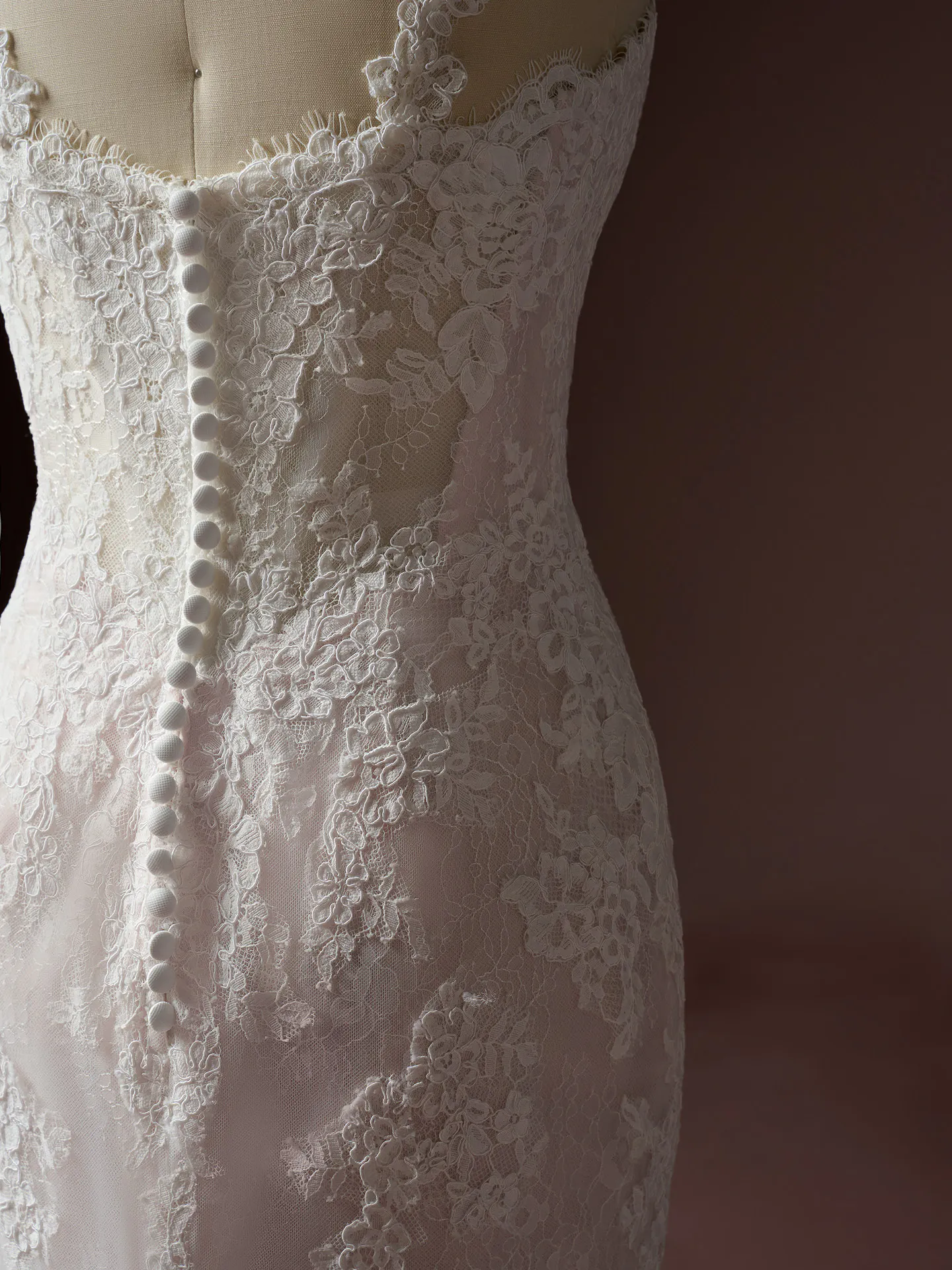 Rebecca Ingram Esmeralda, back view lace fit-and-flare wedding dress.