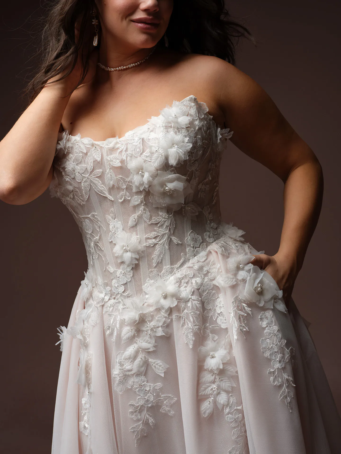 Rebecca Ingram Fleur, front view, 3-D floral lace detail.