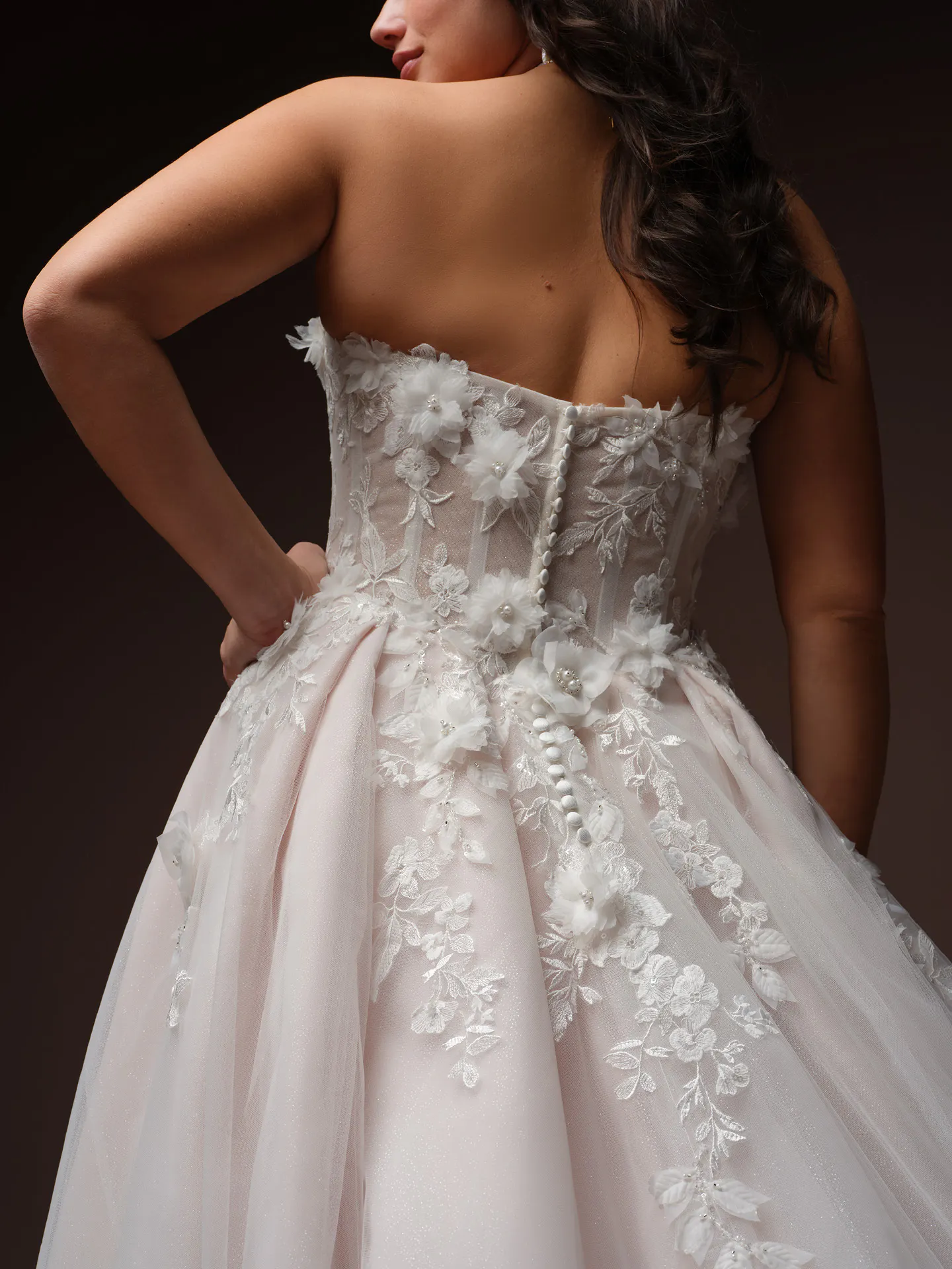 Rebecca Ingram Fleur, back view 3D floral lace wedding dress.