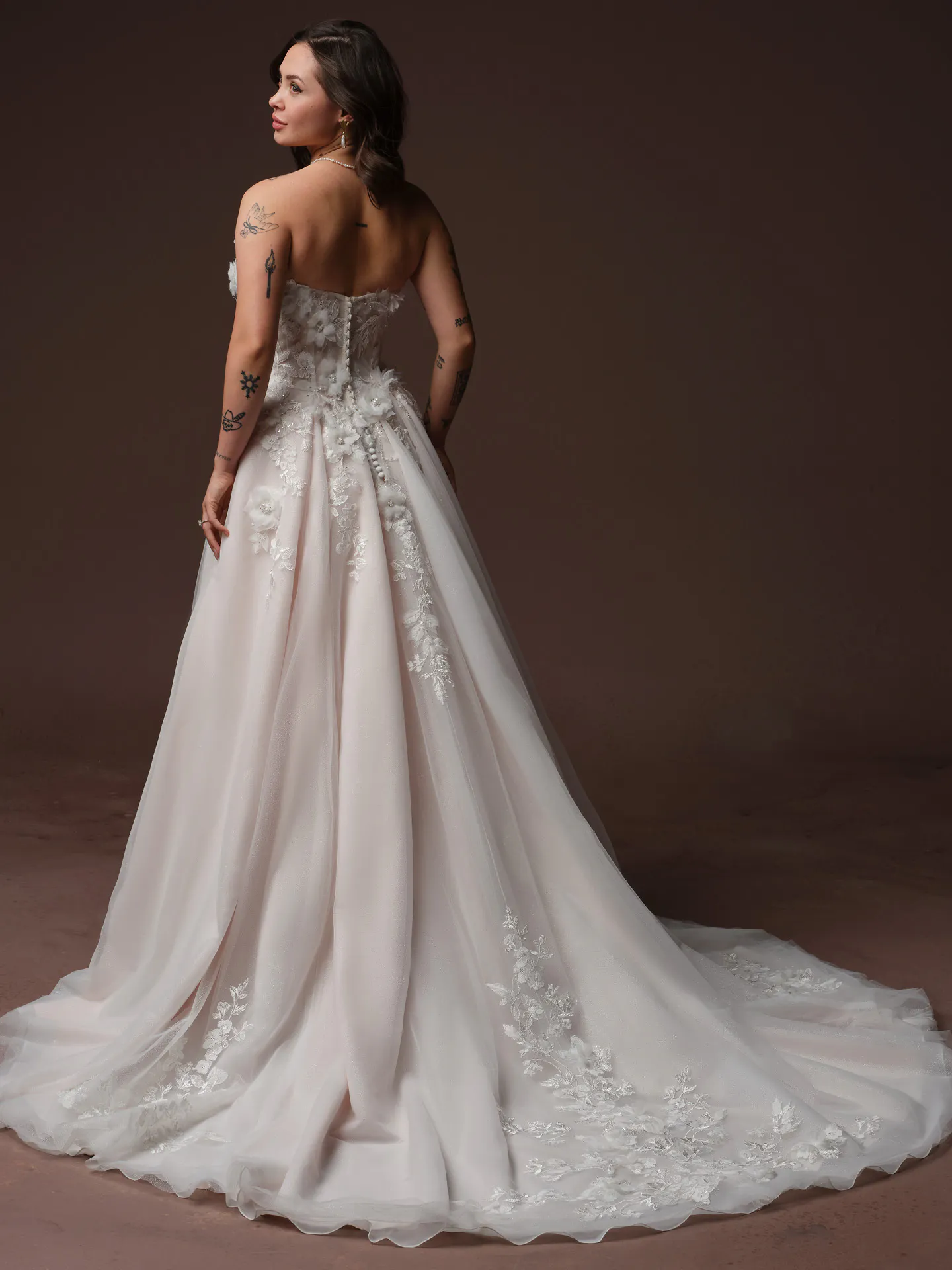 Rebecca Ingram Fleur, back view 3D floral beaded lace wedding dress.