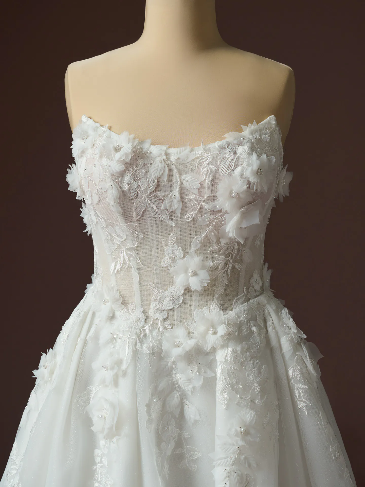 Rebecca Ingram Fleur 3D floral beaded lace wedding dress, front view.
