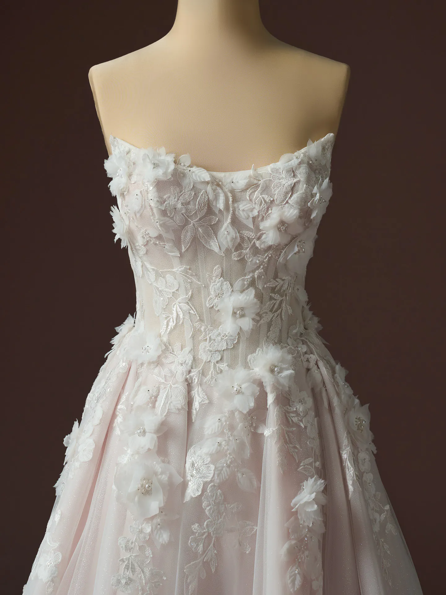 Rebecca Ingram Fleur dress with 3D floral lace, front view.