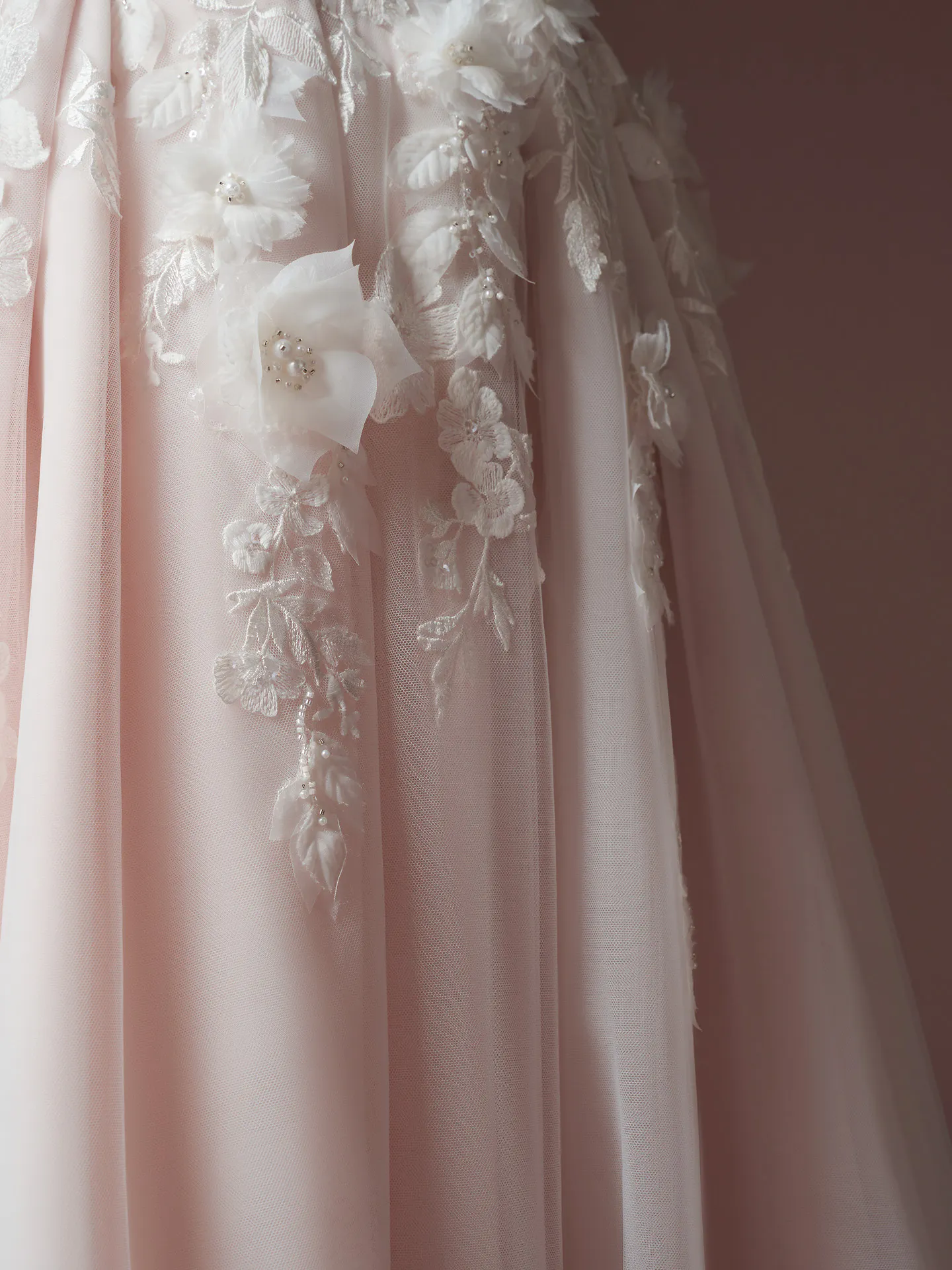 Rebecca Ingram Fleur 3D floral beaded lace wedding dress detail.