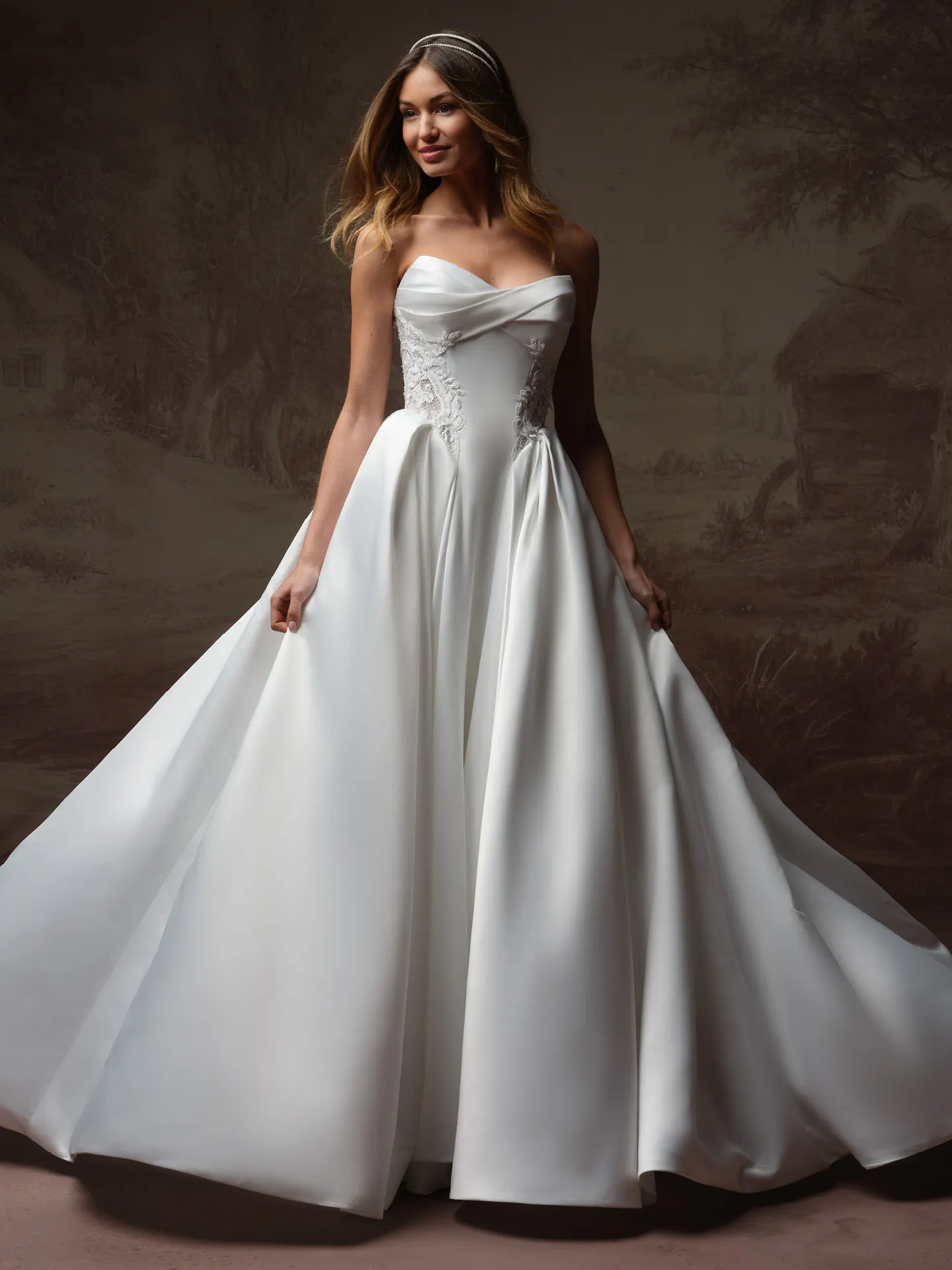 Rebecca Ingram Gigi satin ballgown, front view.