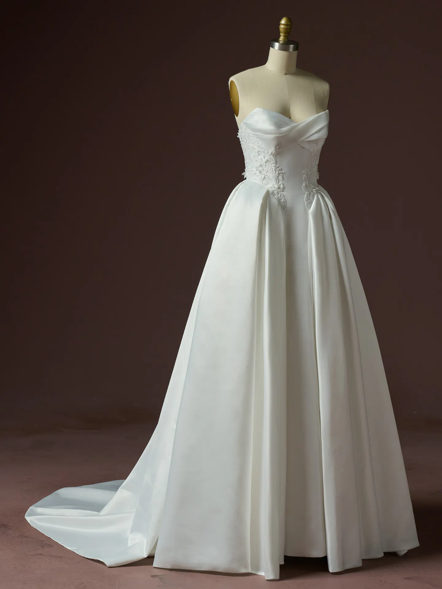 Rebecca Ingram Gigi satin ballgown, front view on mannequin.
