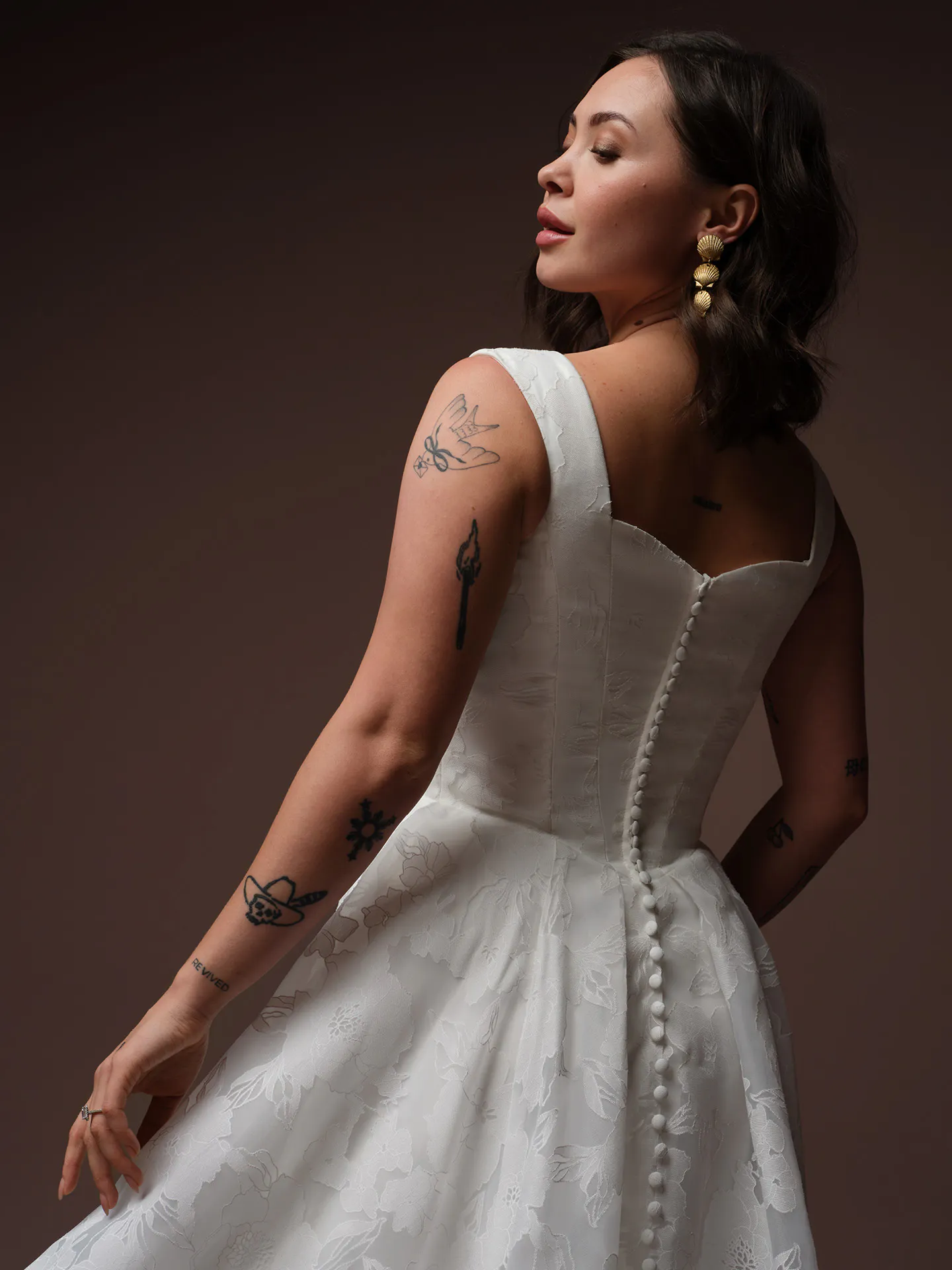 Rebecca Ingram Jade, back view, floral organza, scoop neck wedding dress.