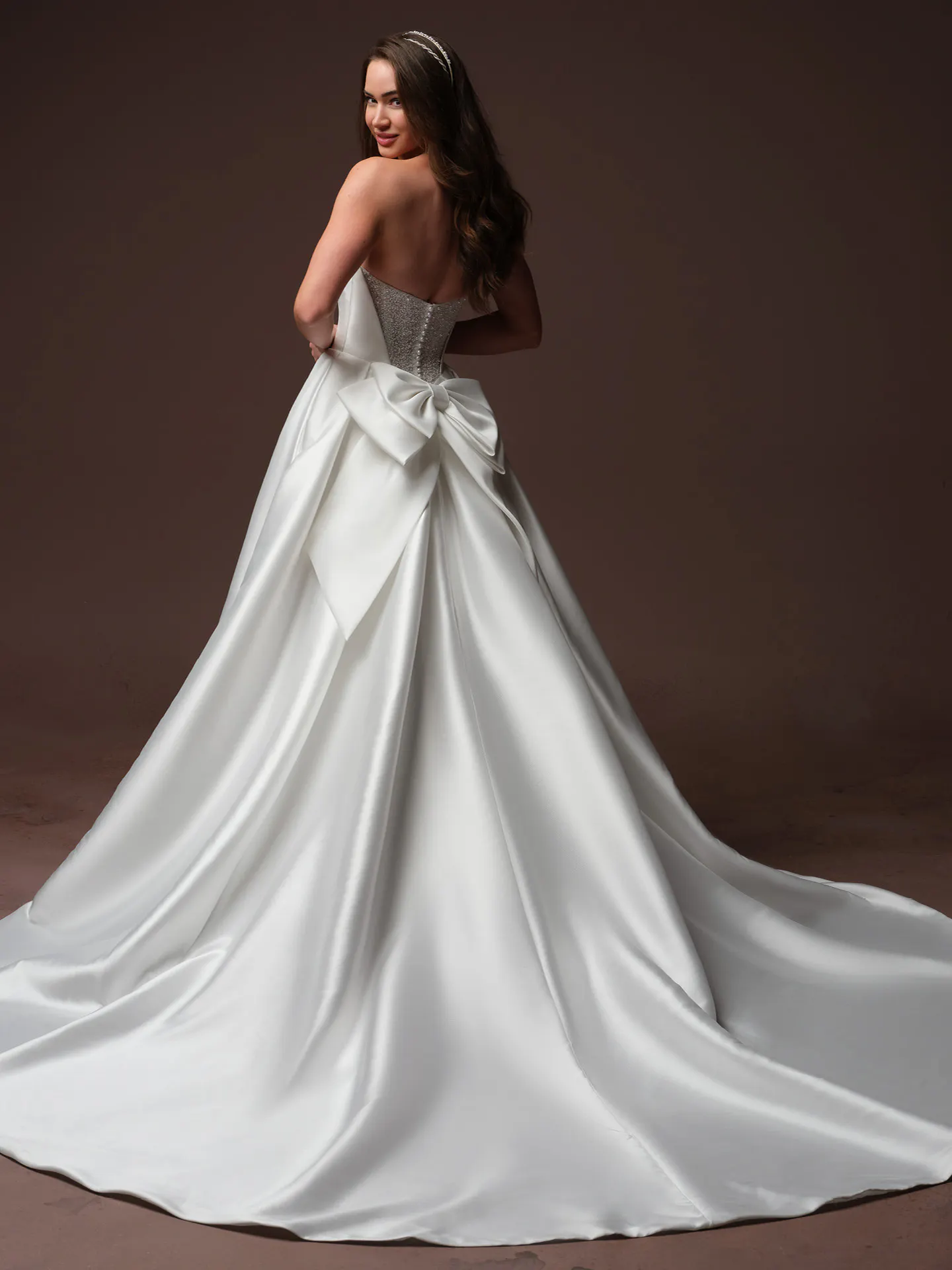 Rebecca Ingram Joanie, back view beaded ballgown with bow.