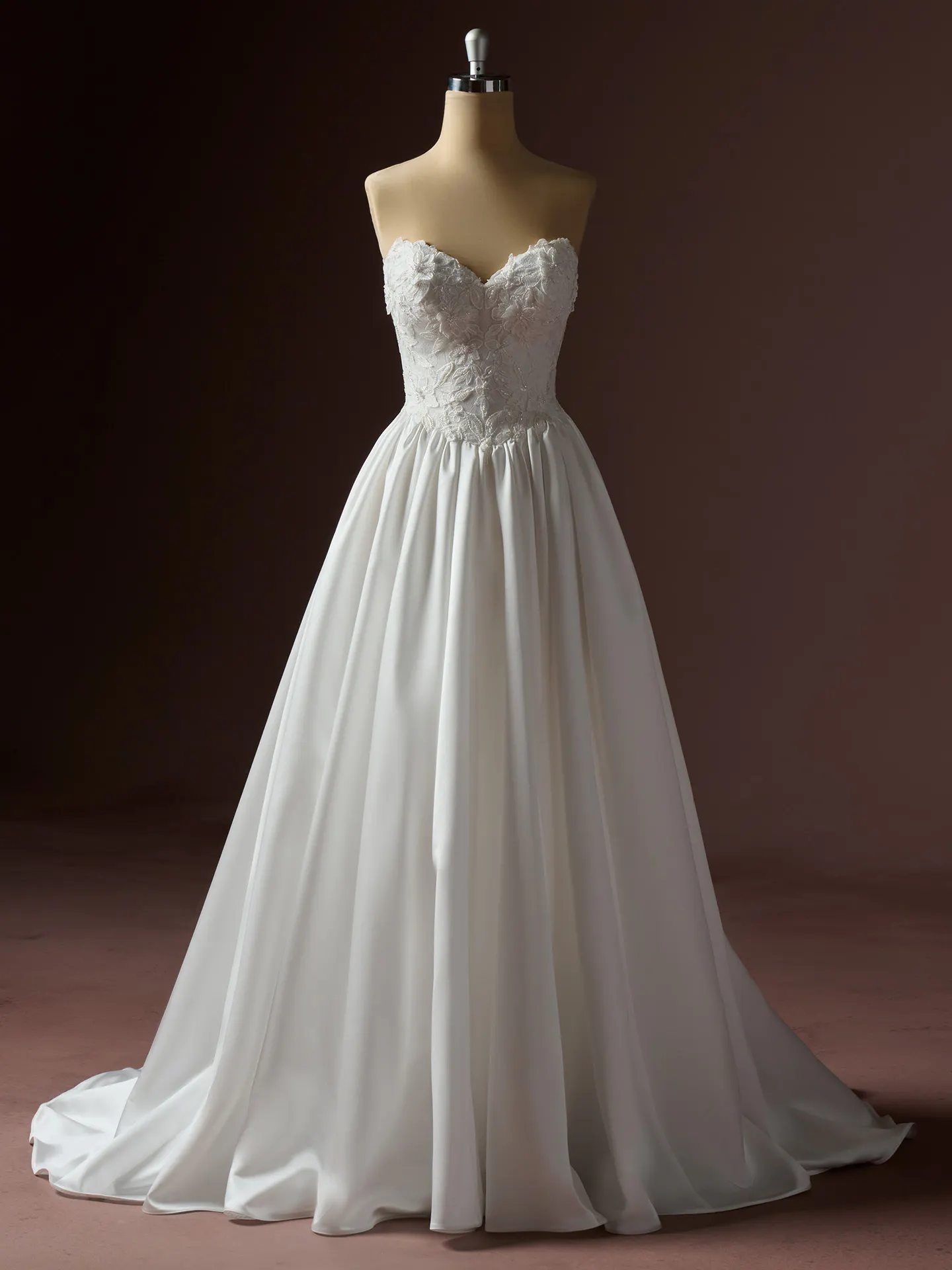 Rebecca Ingram Laurette ballgown, front view with sequin lace bodice.