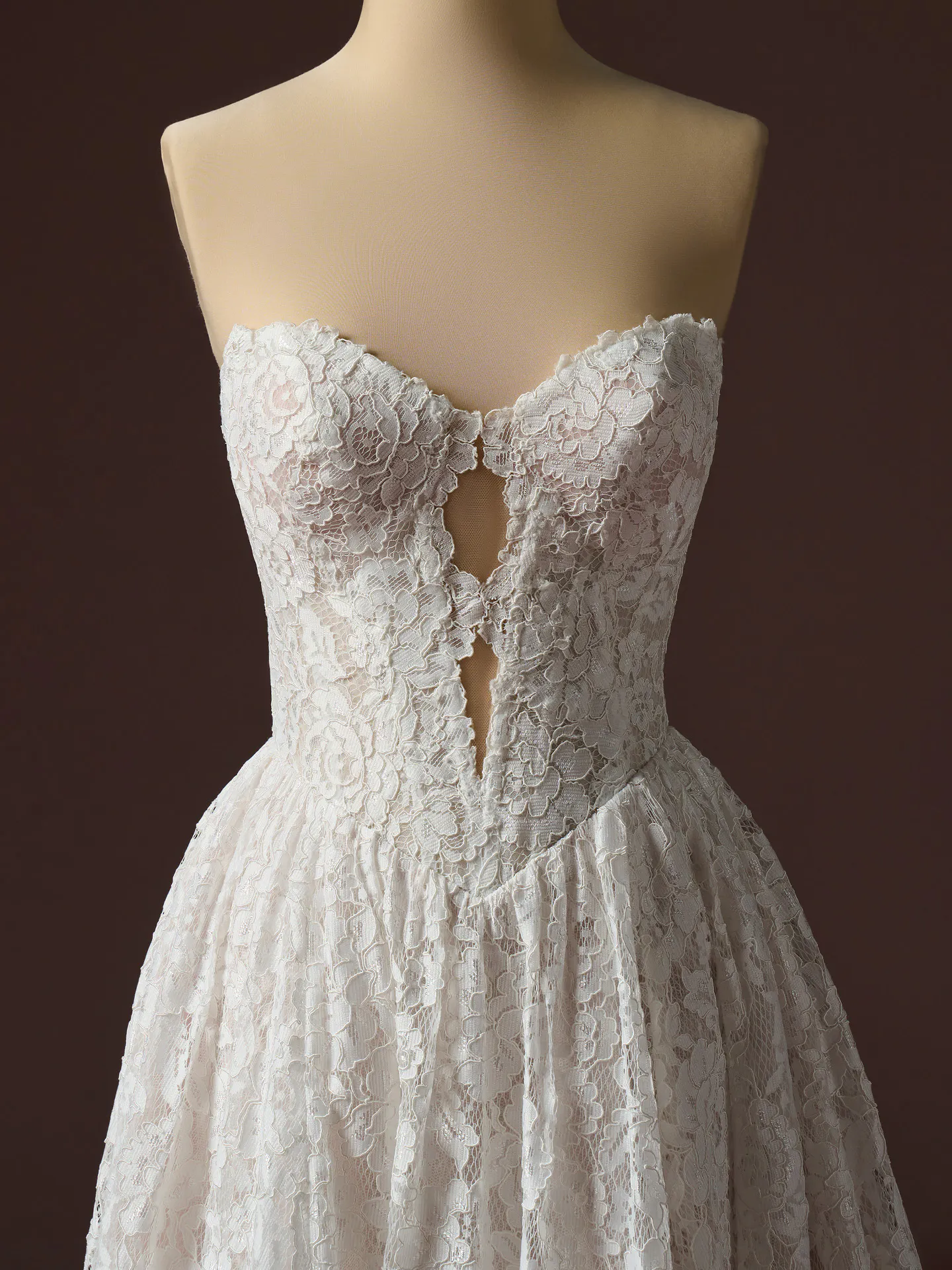 Rebecca Ingram Narelle lace dress, front view, plunging neckline, floral design.
