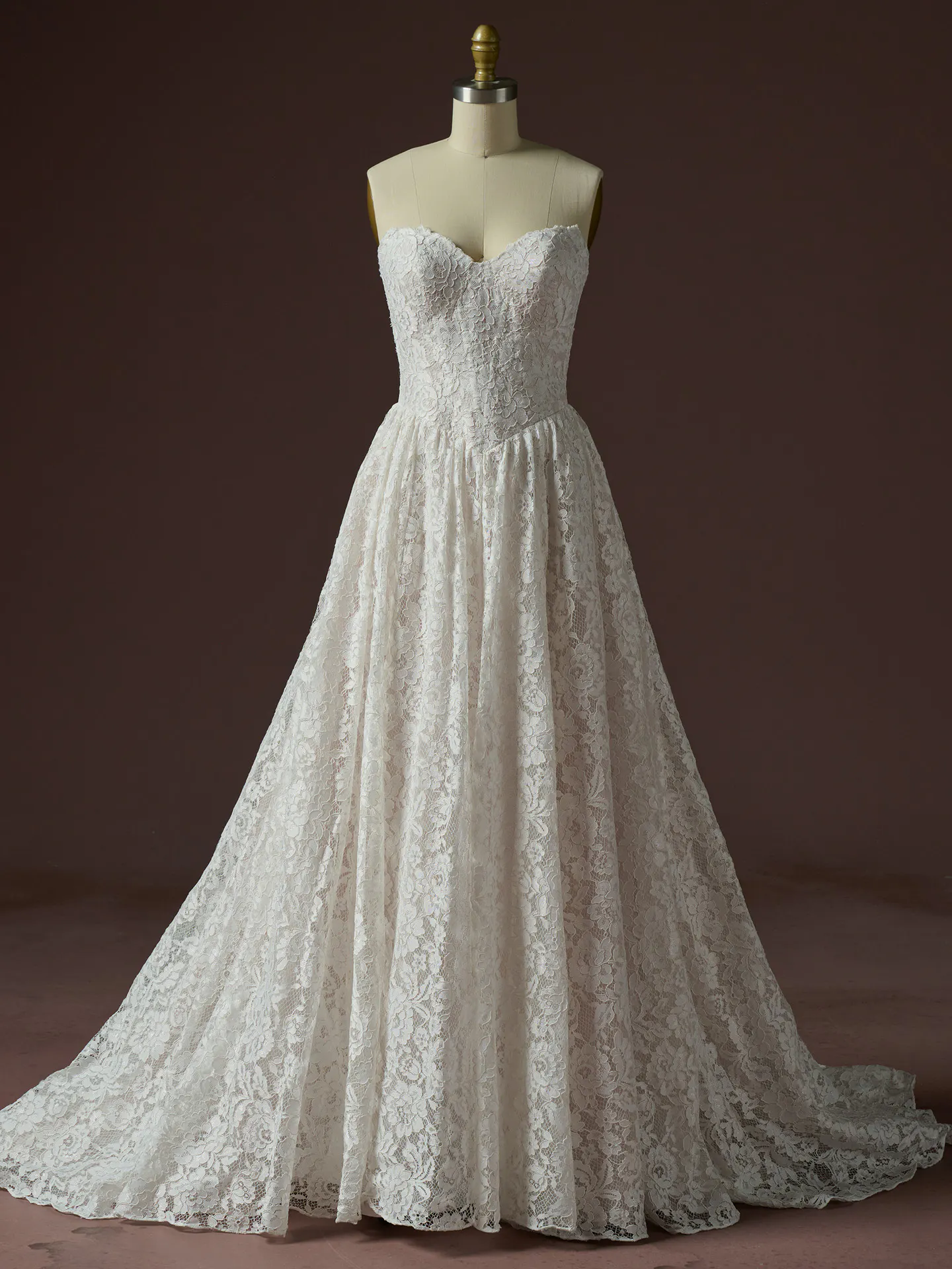 Rebecca Ingram Narelle lace gown, front view on mannequin.
