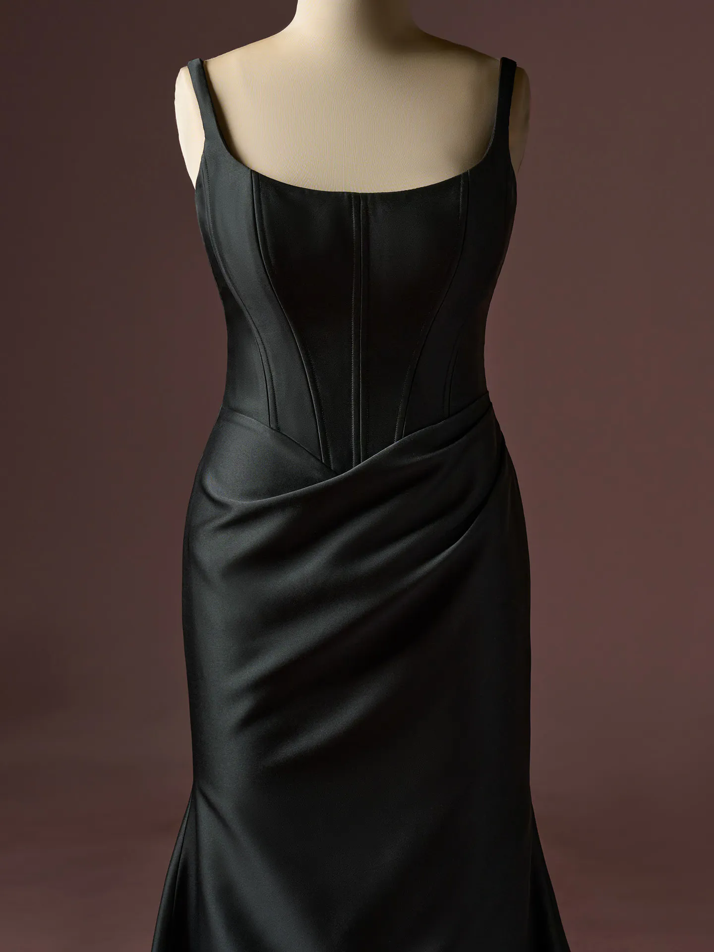 Rebecca Ingram Pamela, front view satin dress with basque waist bodice.