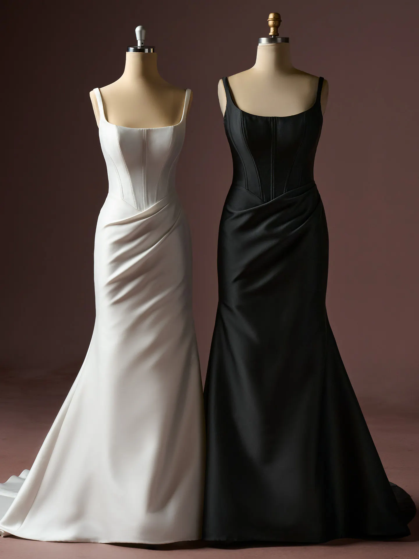 Rebecca Ingram Pamela satin wedding dresses, front view on mannequins.