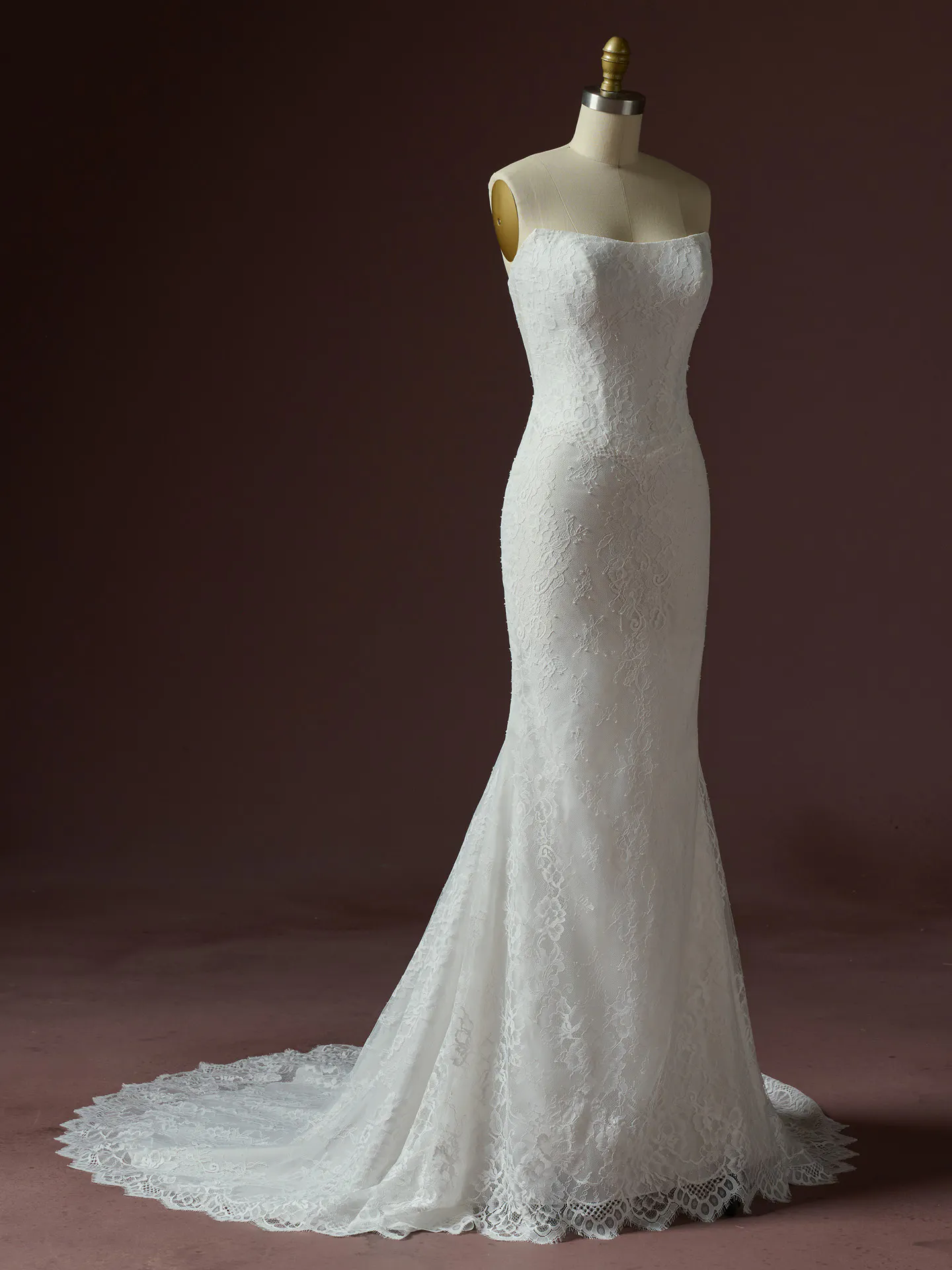 Rebecca Ingram Samira, side view lace fit-and-flare dress on mannequin.