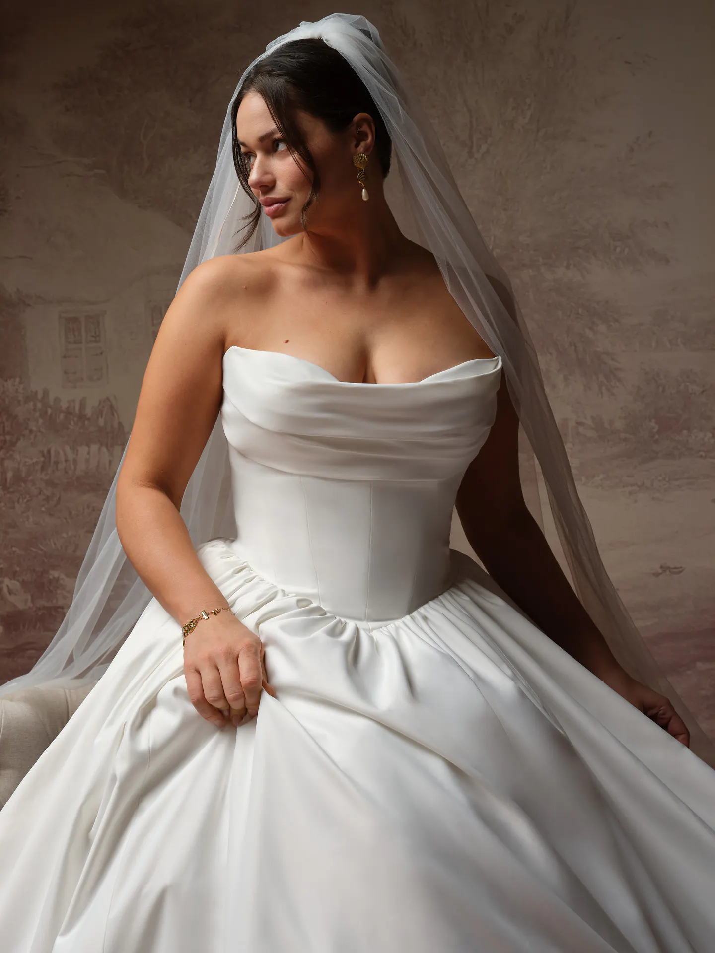 Rebecca Ingram Vanessa, front view ballgown with draped cat-eye neckline.