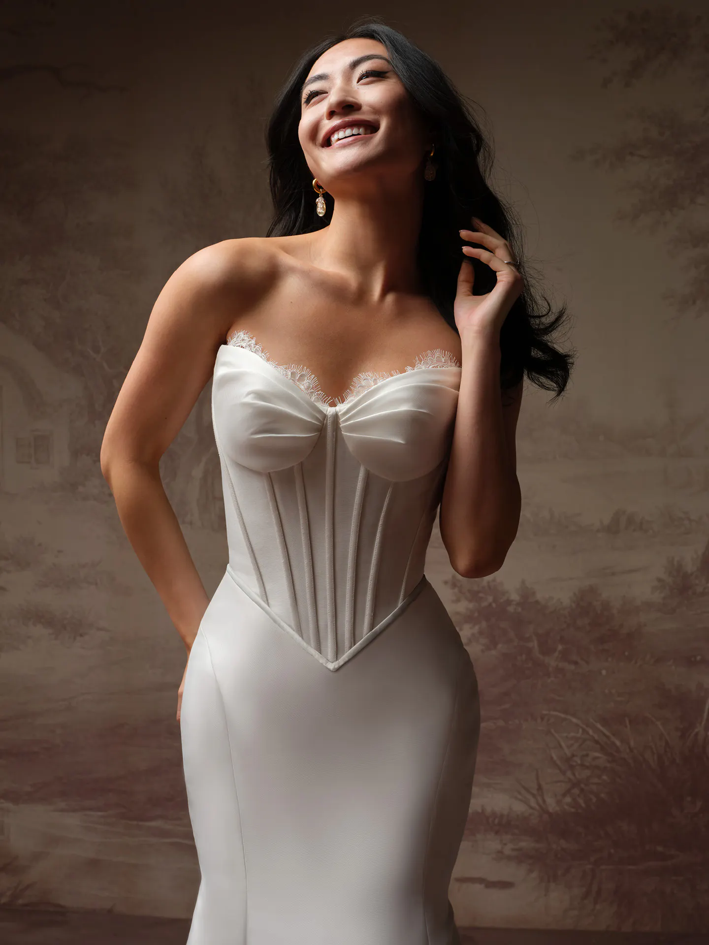 Rebecca Ingram Zorina Lane, front view, corset and lace fit-and-flare wedding dress.