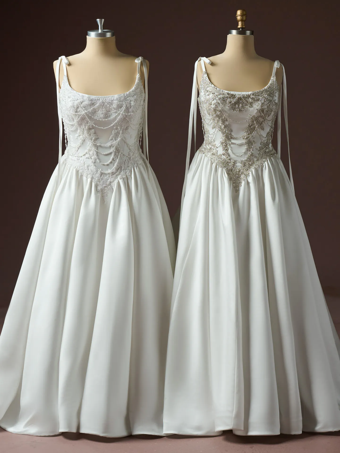 Sottero and Midgley Aelarion beaded bodice satin wedding dress front view on mannequins.
