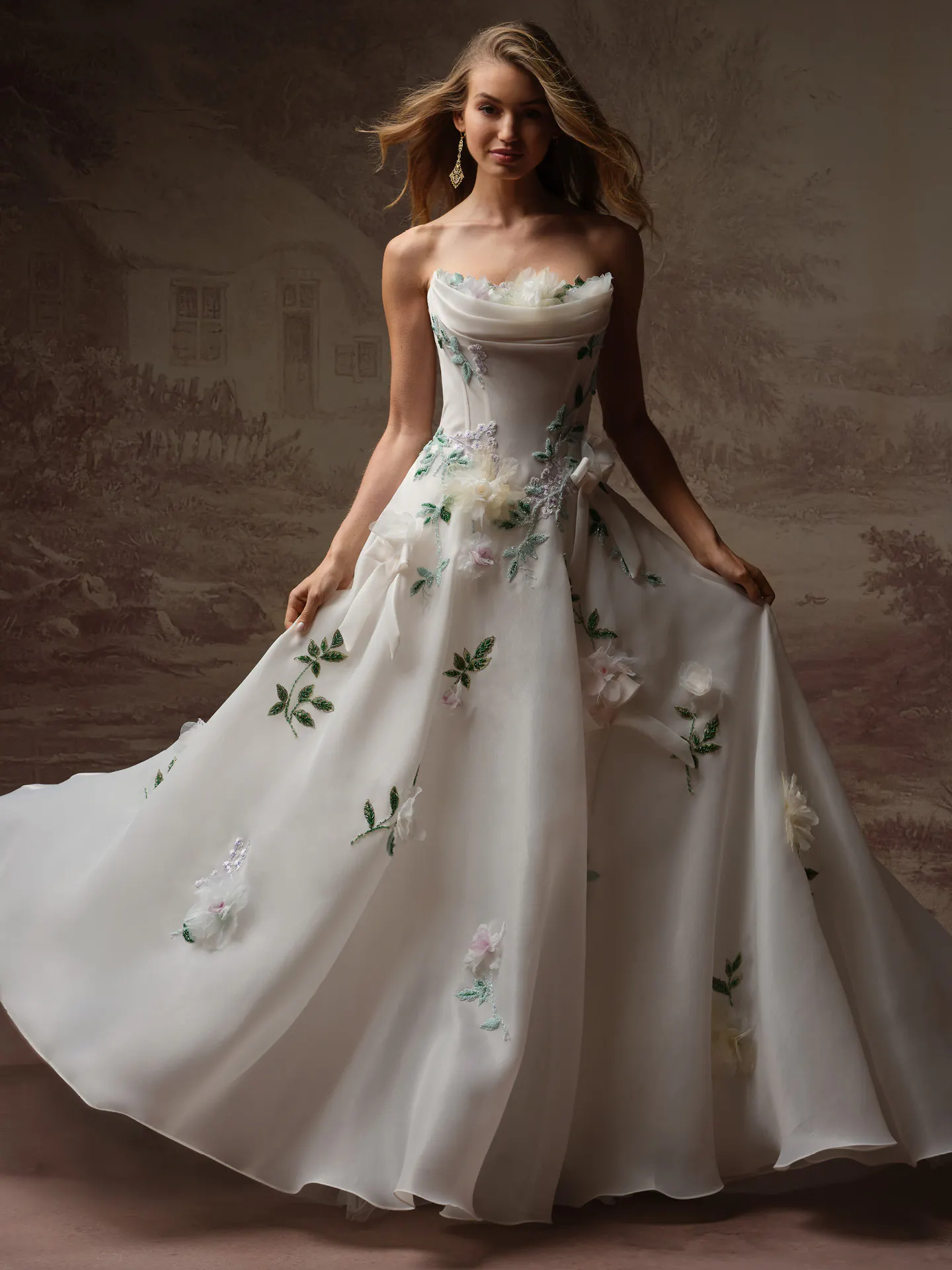 Sottero and Midgley Amaryllis front view 3D floral scattered bow dress.