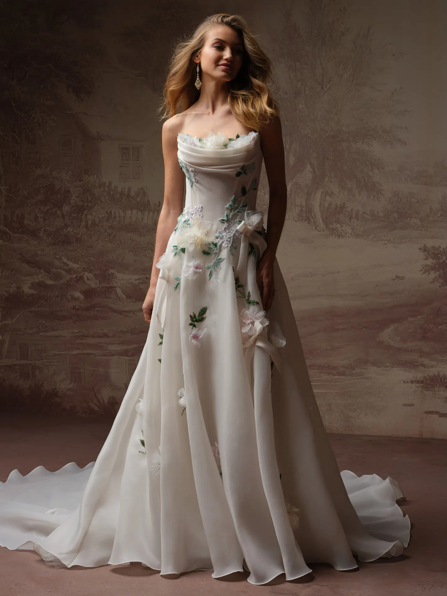Sottero and Midgley Amaryllis front view with 3D floral details and scattered bow design.