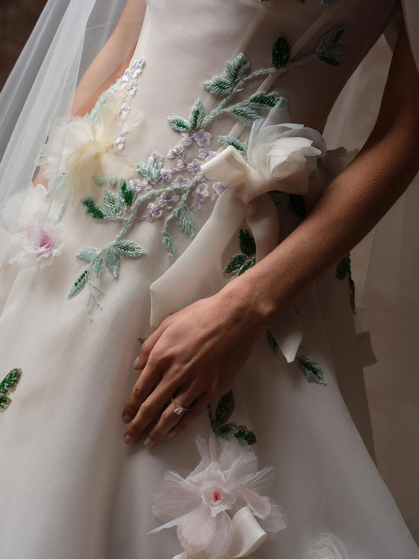 Maggie Sottero Amarylus a-line wedding dress close up on floral accents