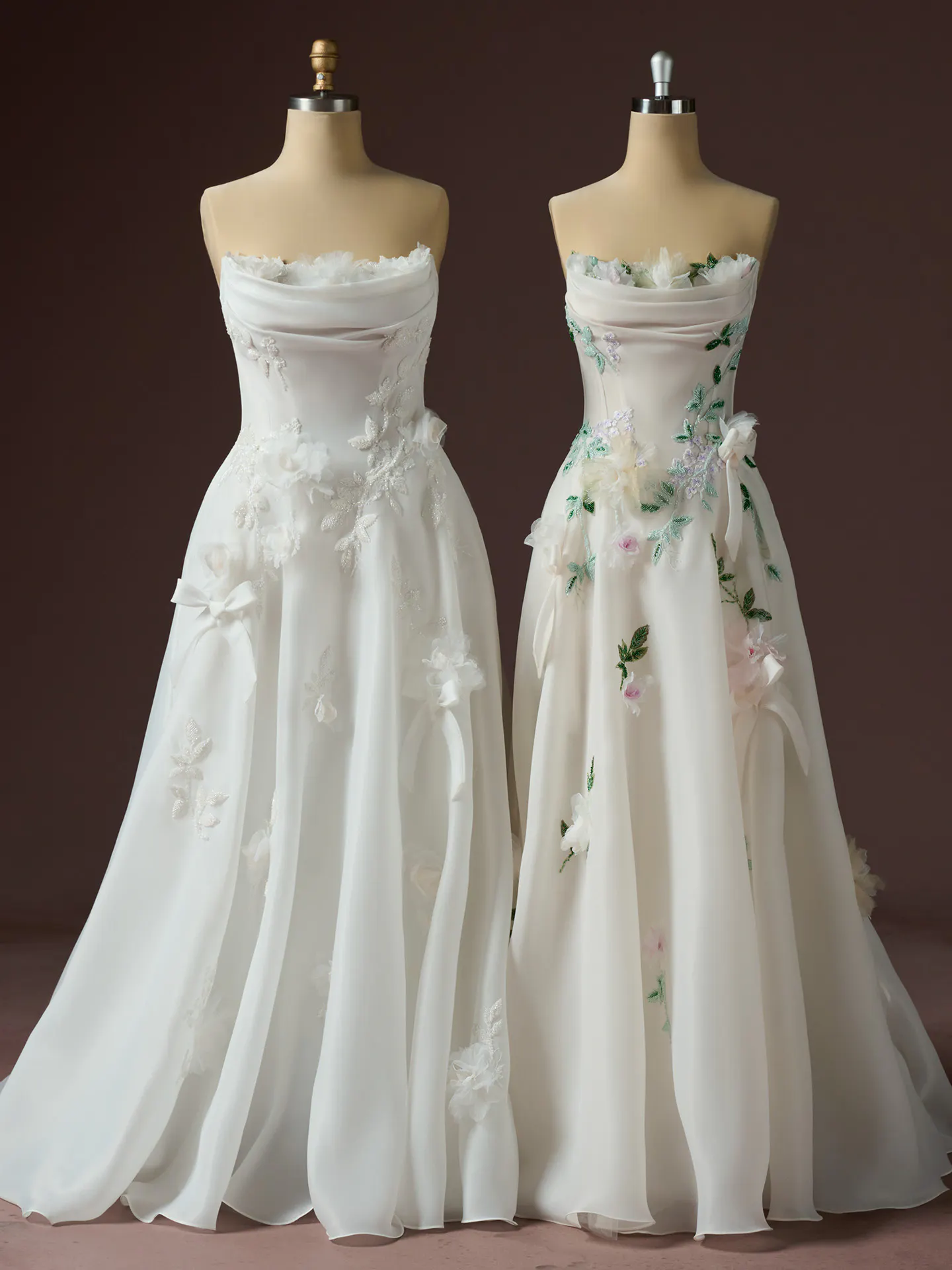 Sottero and Midgley Amaryllis 3D floral, strapless dress front view on mannequins.