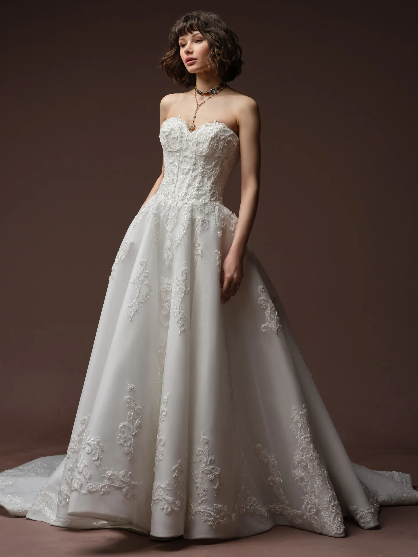 Sottero and Midgley Gwyneth, front view strapless ballgown with lace embroidery.