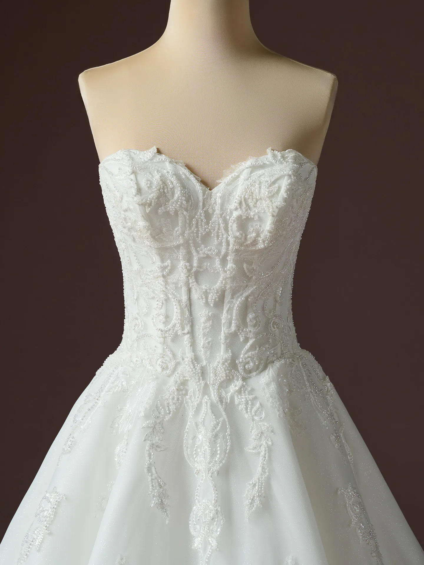 Sottero and Midgley Gwyneth, front view glitter tulle ballgown strapless detailed bodice.