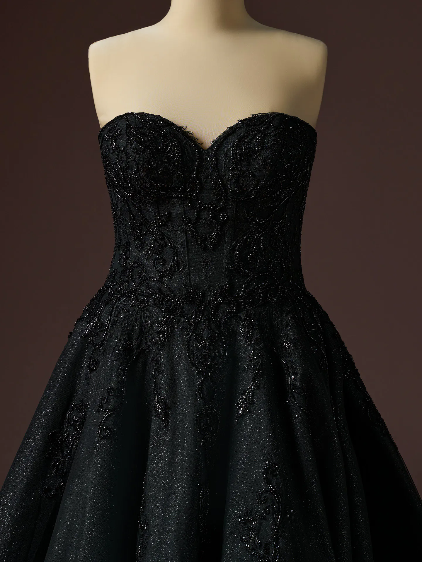 Sottero and Midgley Gwyneth, front view, black glitter tulle ballgown, lace details.