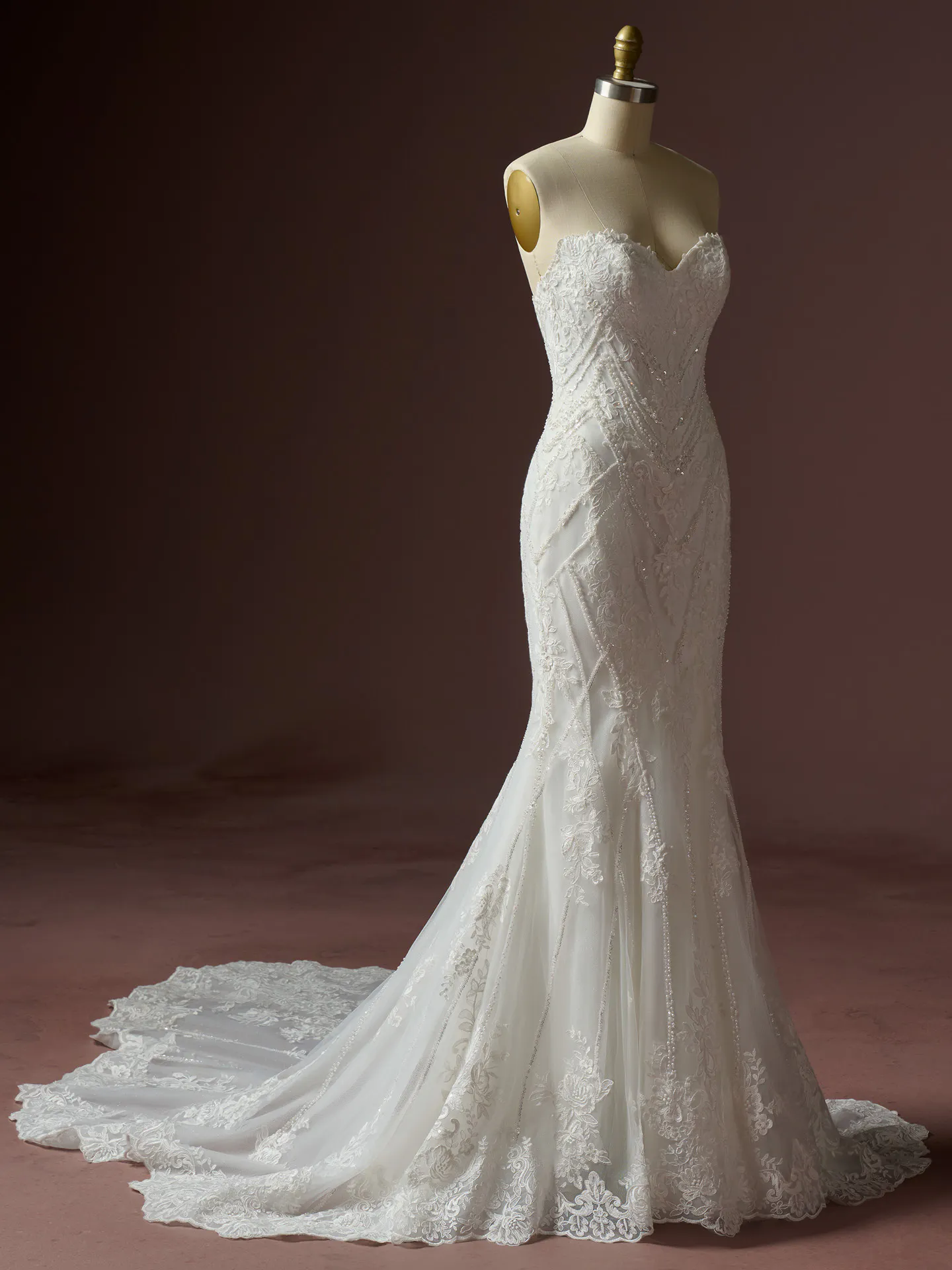 Sottero and Midgley Hester, side view sequined lace bodice wedding dress on mannequin.