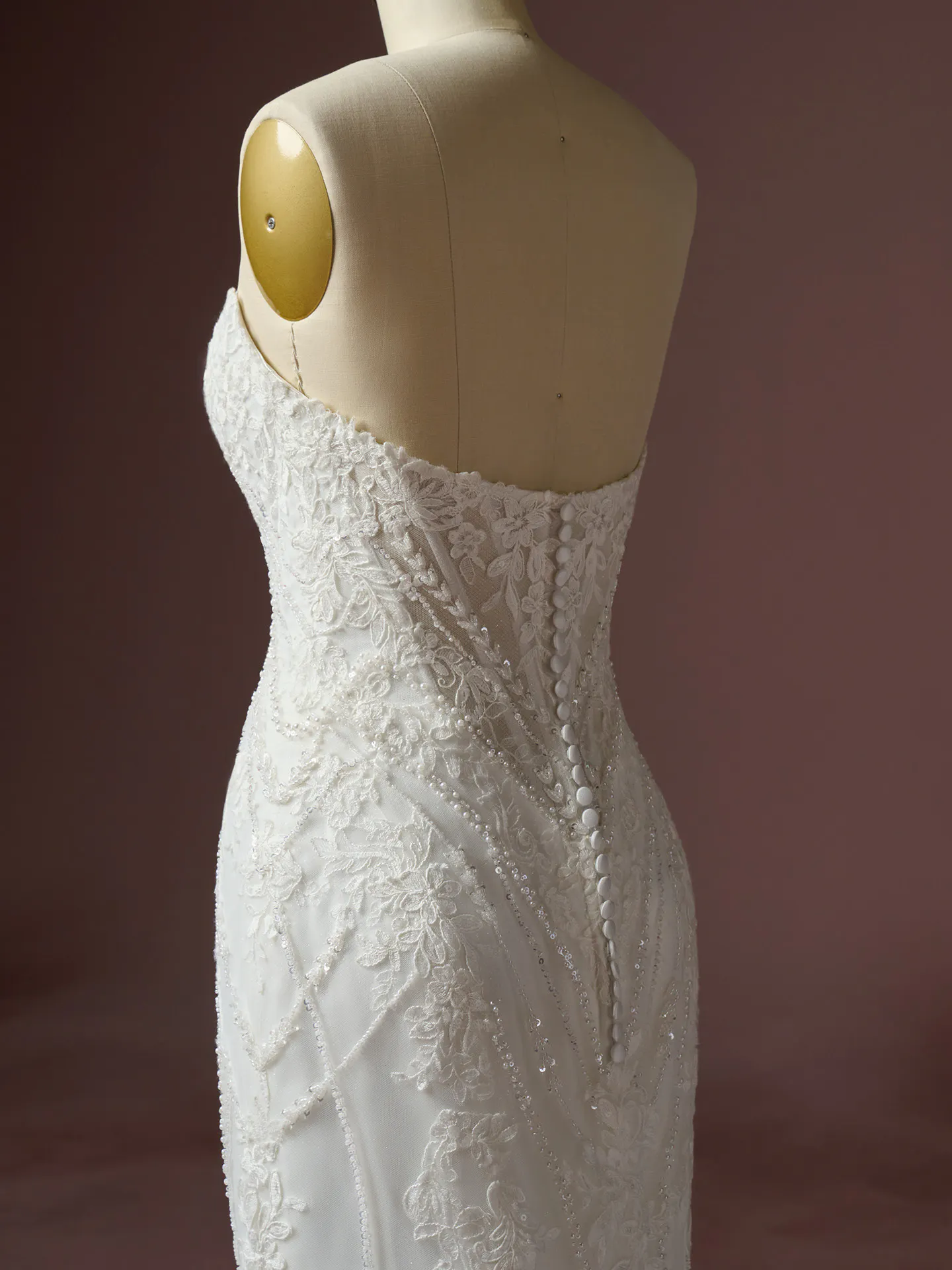 Sottero and Midgley Hester, side view, lace bodice with sequins, button detail on back.