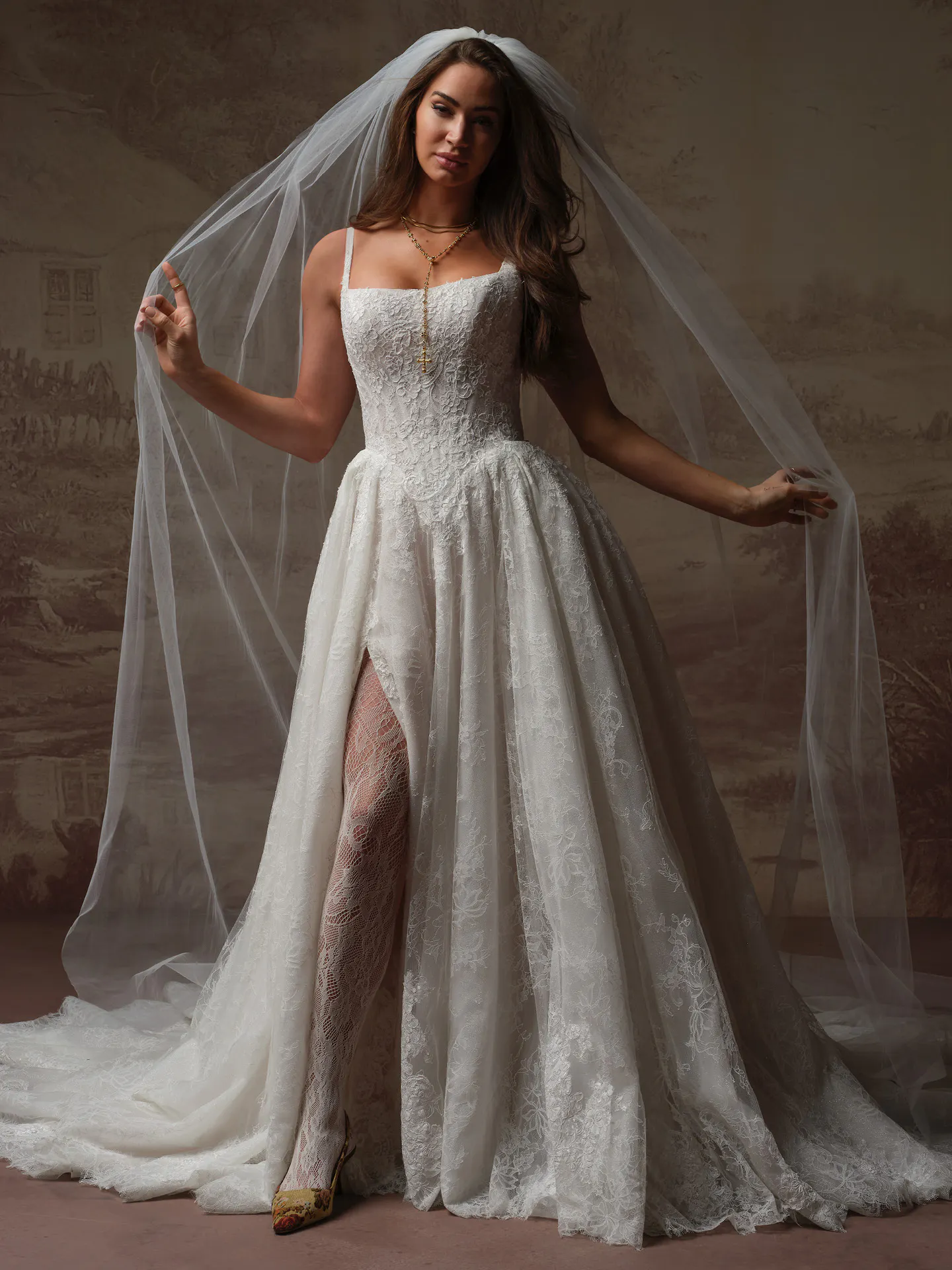 Sottero and Midgley Ivandra, front view lace ballgown wedding dress with veil.