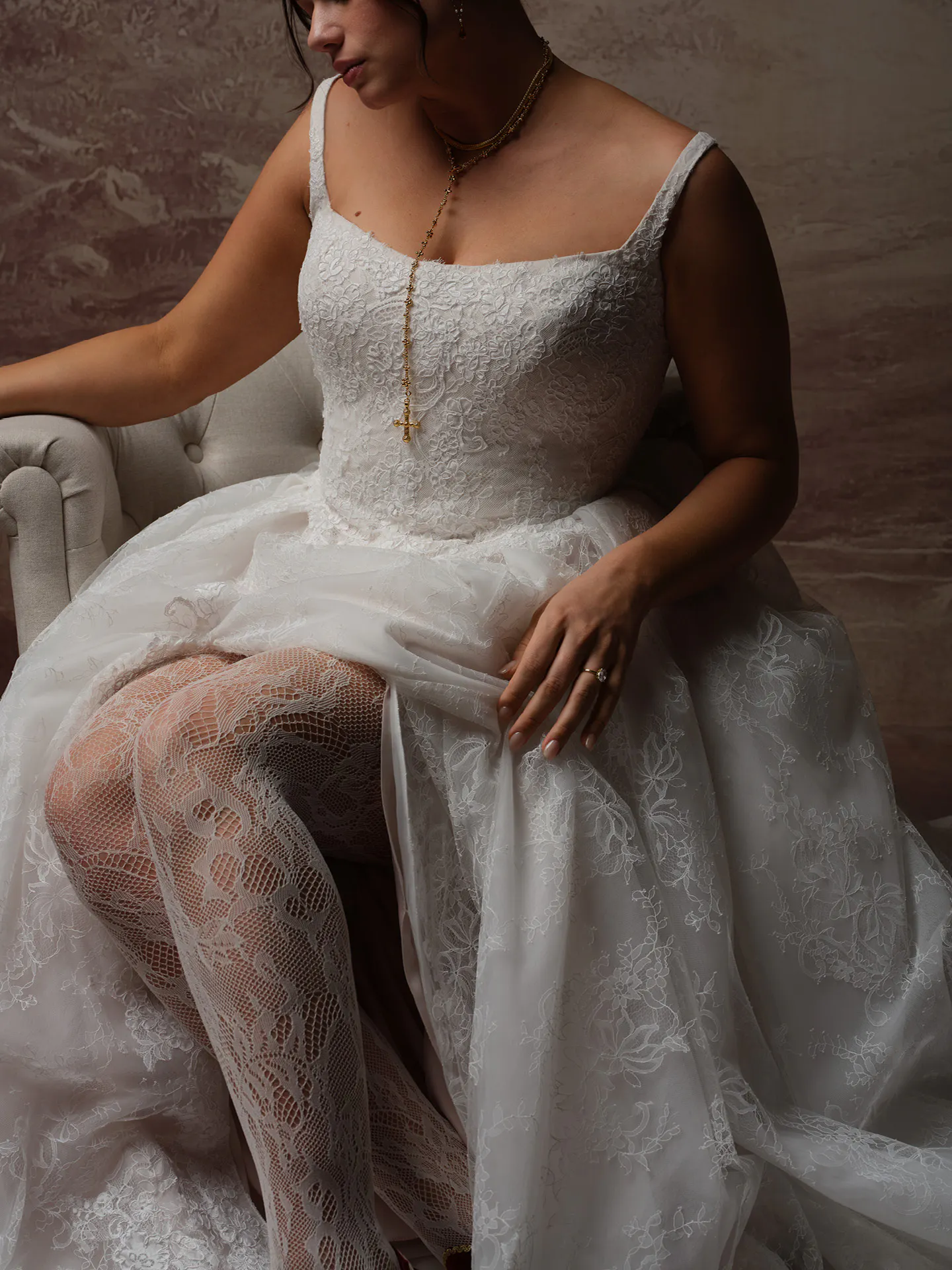 Sottero and Midgley Ivandra ballgown, side view, lace texture on glitter tulle.