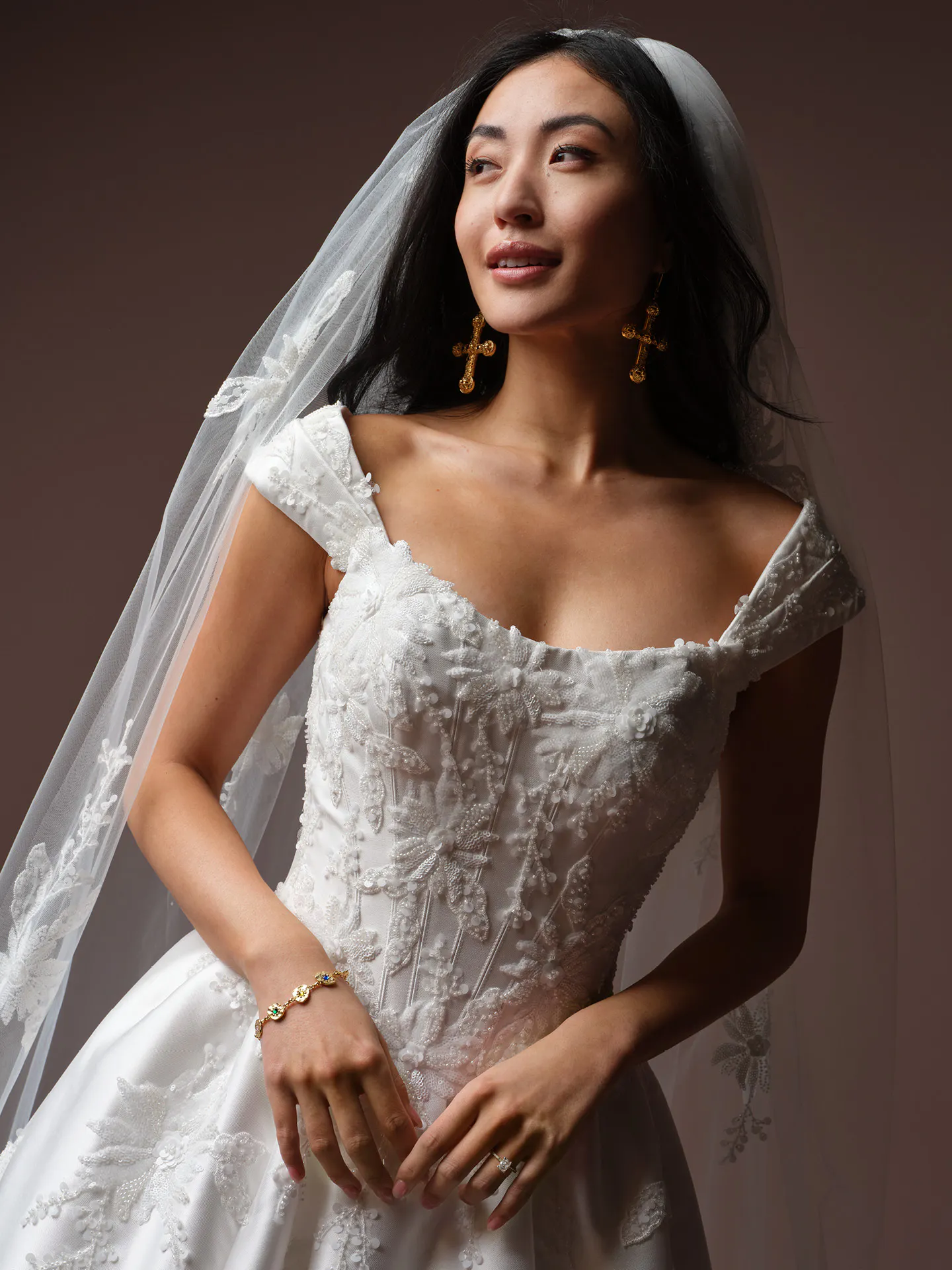 Sottero and Midgley Lucinde, front view, beaded lace ballgown wedding dress with veil.