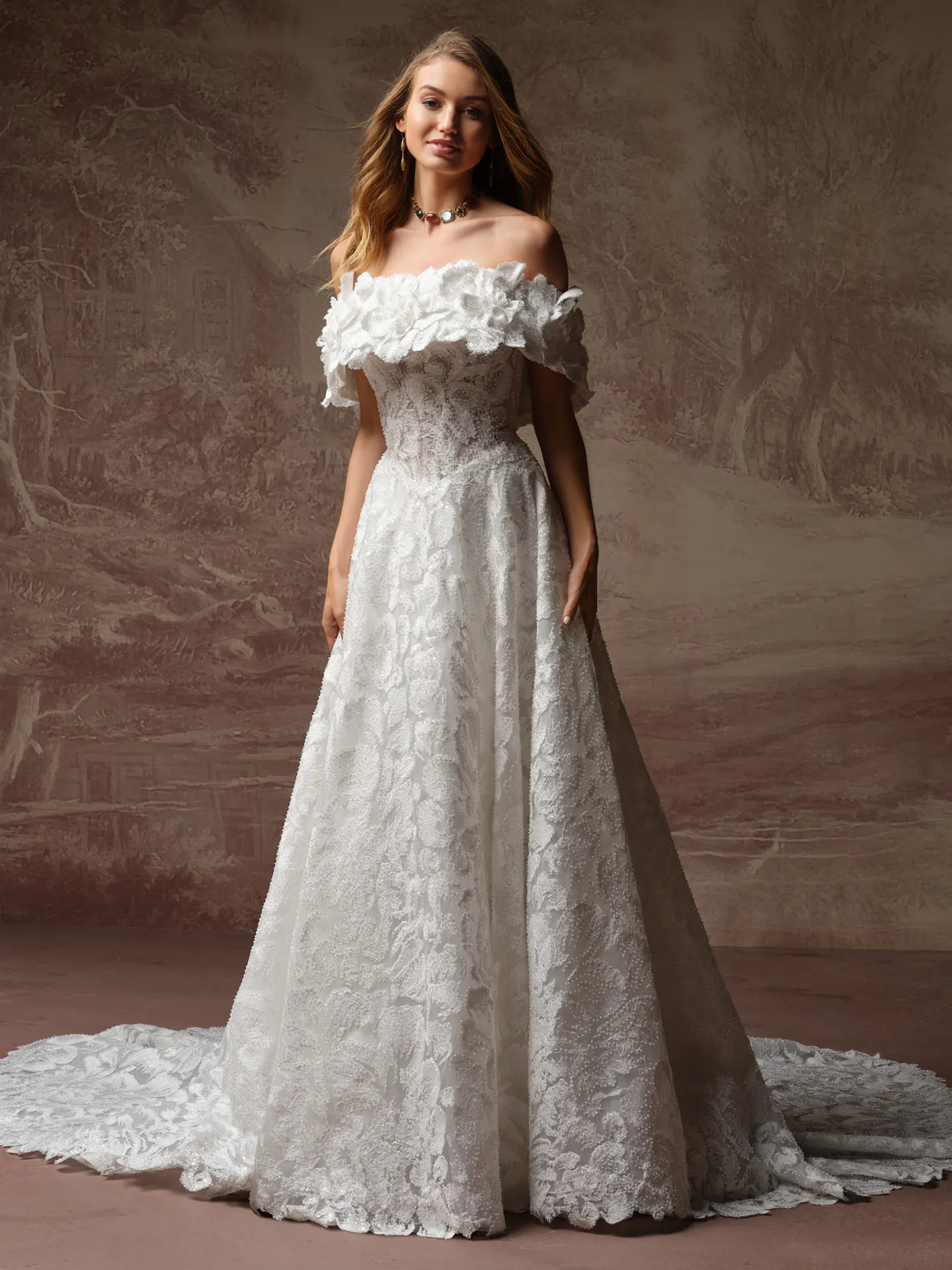 beaded lace a line wedding dress Merrigan A-Line | Sottero and Midgley Mermaid Spaghetti Straps Lace BB Vintage with a structured design Color:mustard yellow