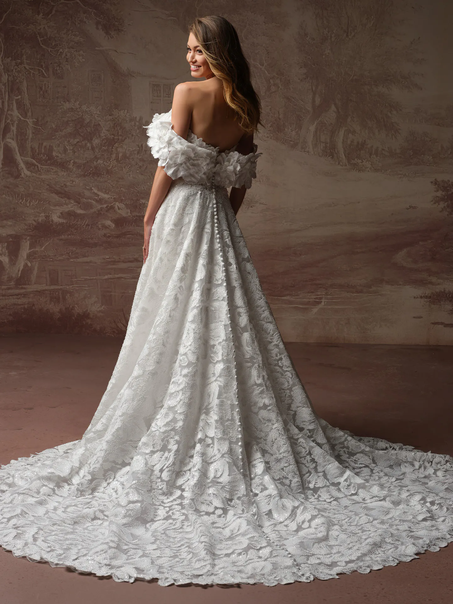 Sottero and Midgley Merrigan A-Line beaded lace wedding dress, back view.
