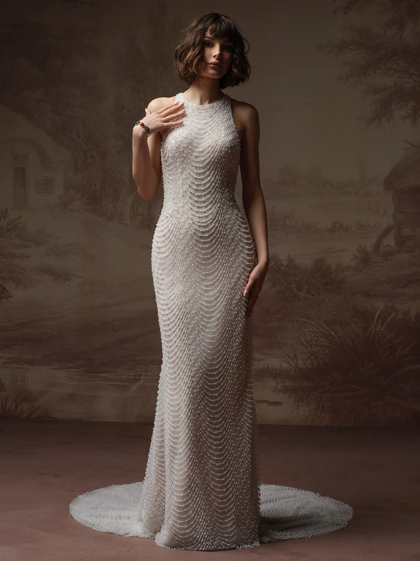 Sottero and Midgley Oleta Pearl Lace Sheath Wedding Dress, front view.