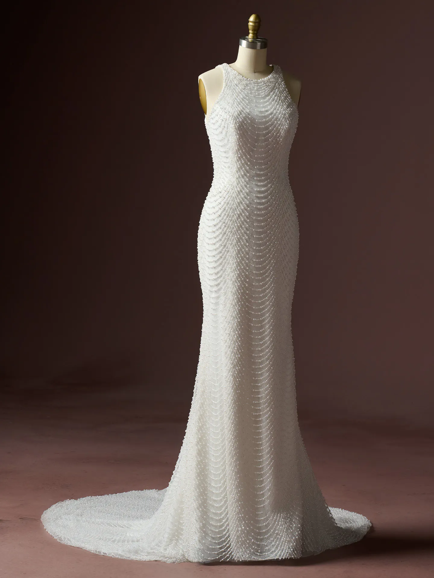 Sottero and Midgley Oleta pearl lace sheath wedding dress, front view.