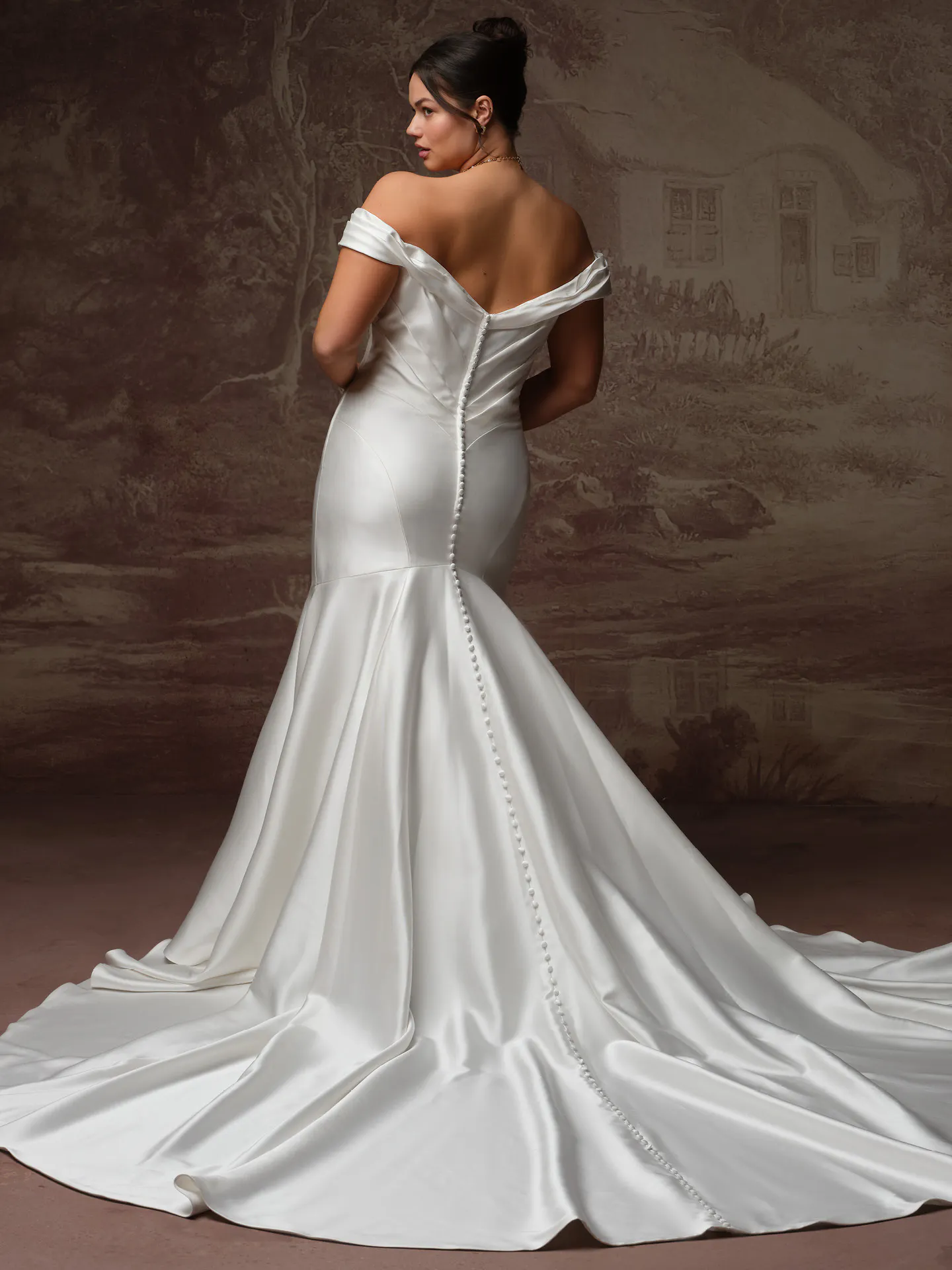 Sottero and Midgley Recine satin fit-and-flare, back view.