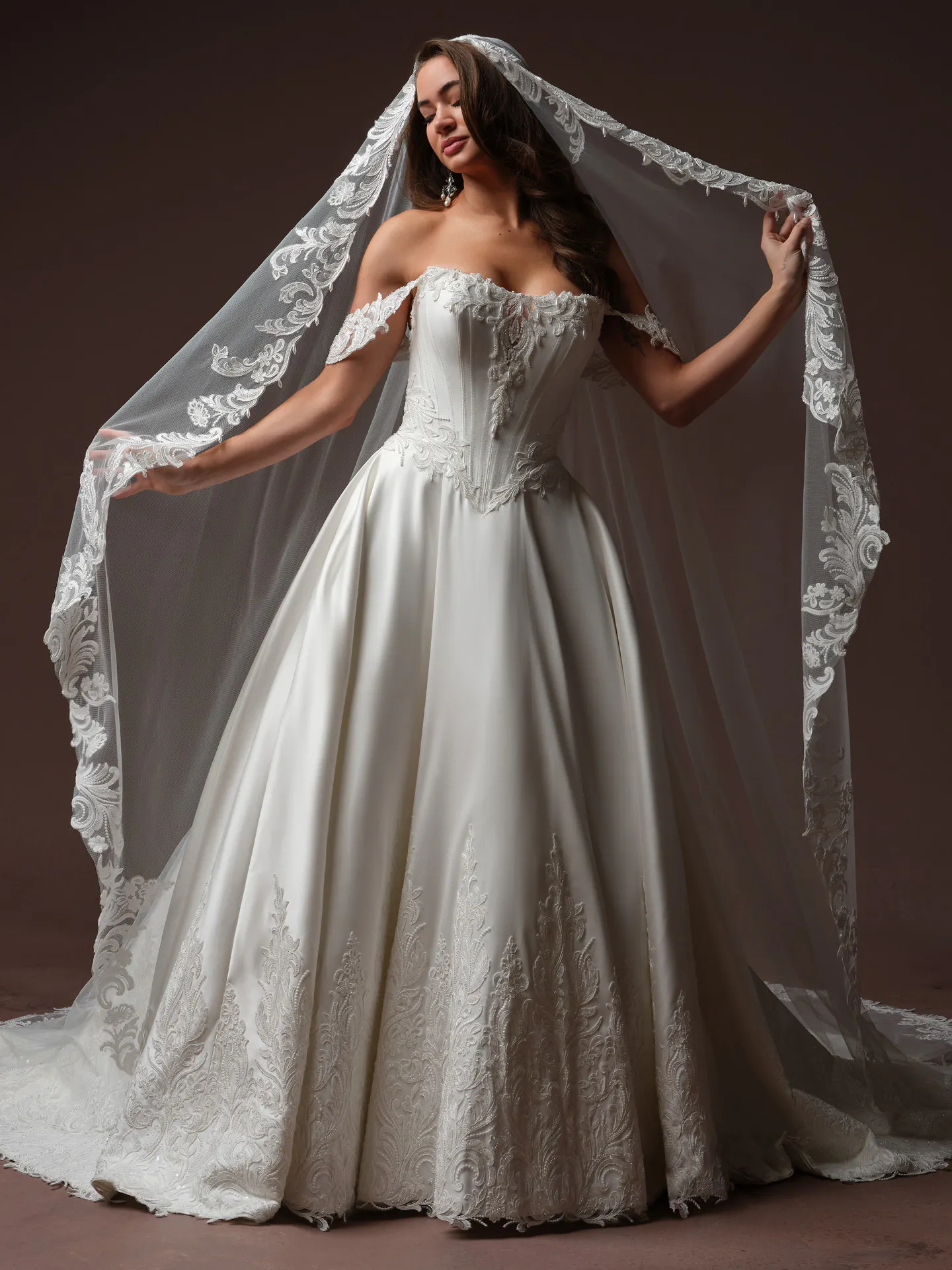 Sottero and Midgley Sandrine lace wedding dress, front view with veil.