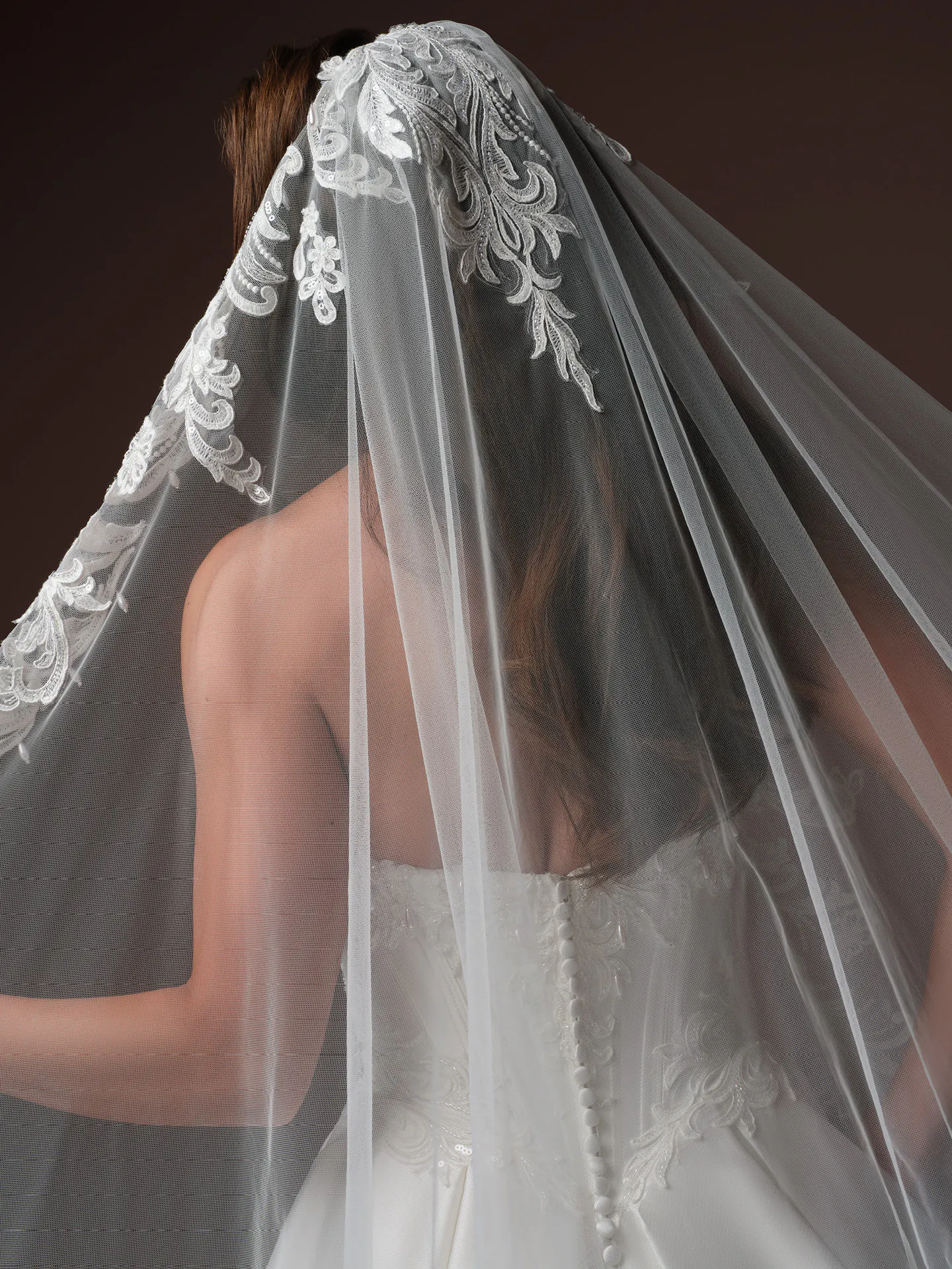 Sottero and Midgley Sandrine, back view lace details and veil.