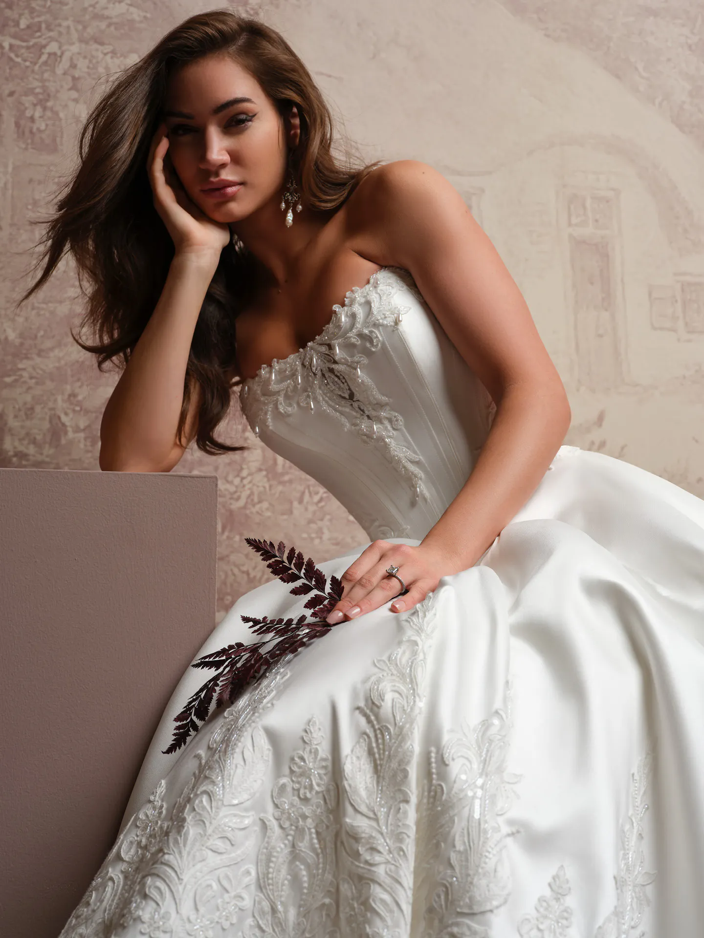 Sottero and Midgley Sandrine lace basque waist dress, front view.