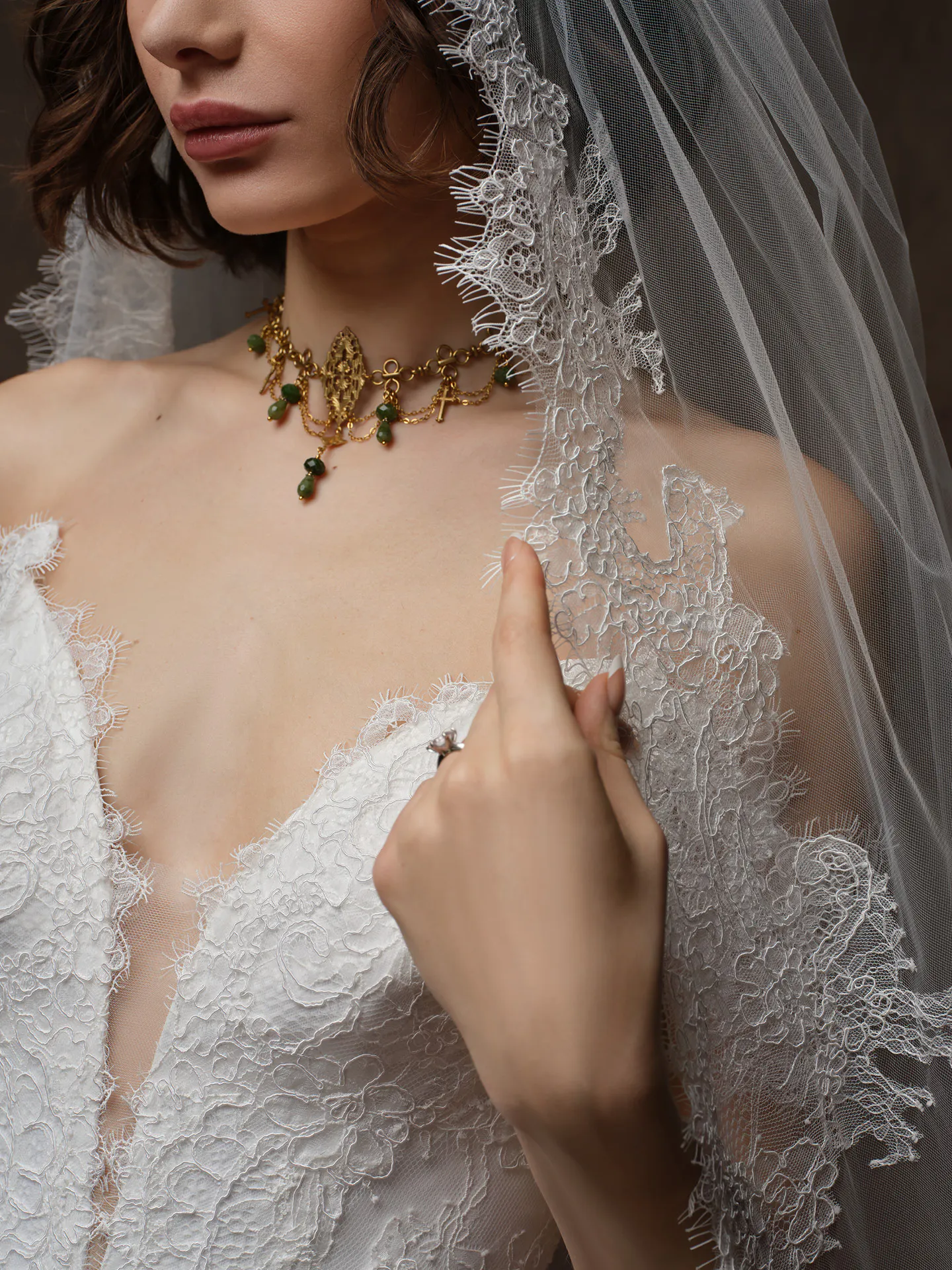 Sottero and Midgley Sauvignon lace mermaid wedding dress, close-up with veil.