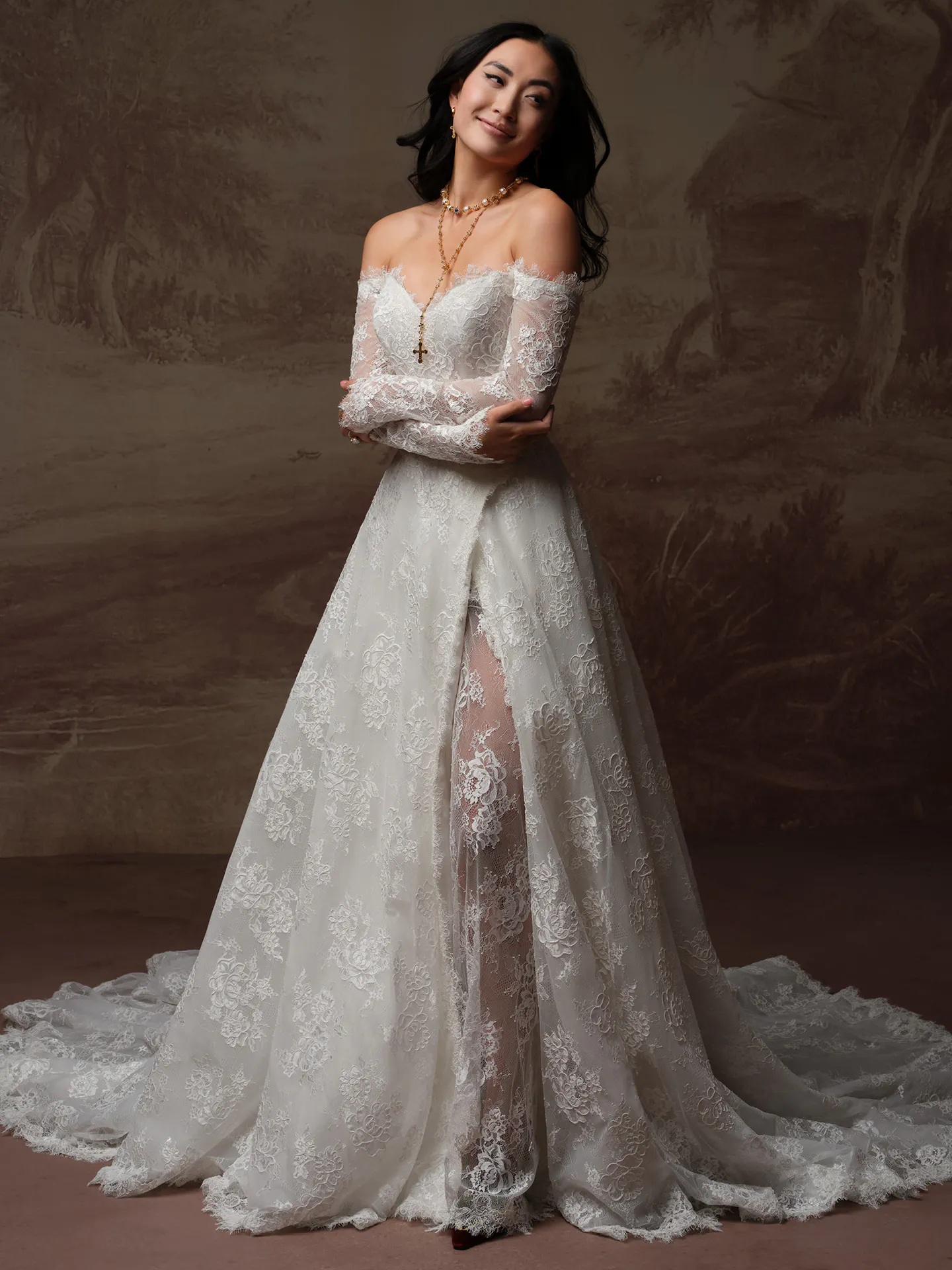 Sottero and Midgley Vespera lace slit A-line, front view.