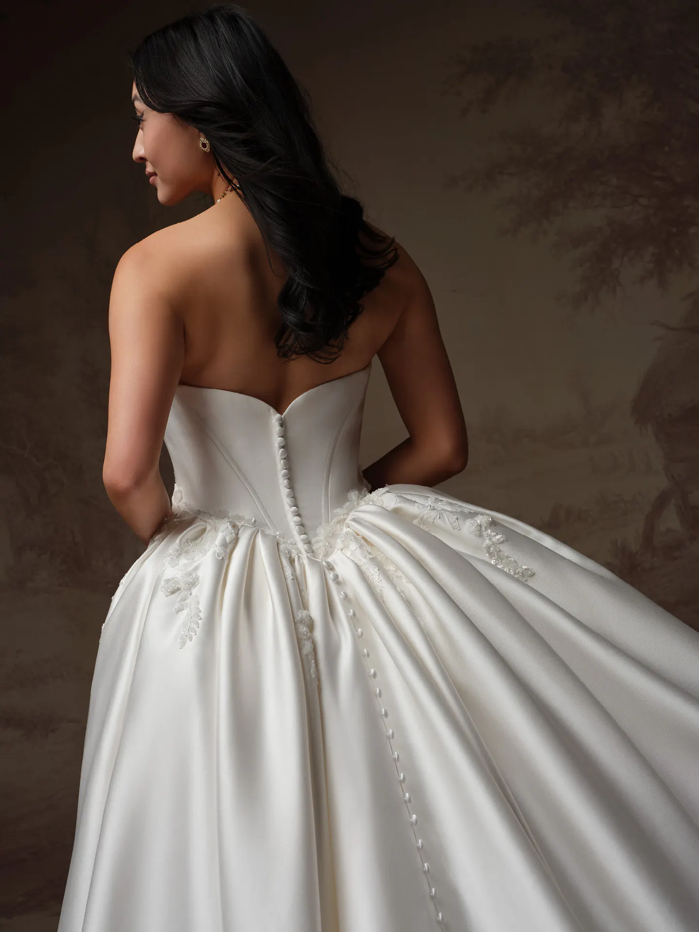 Sottero and Midgley Yadira, back view satin fit-and-flare wedding dress.