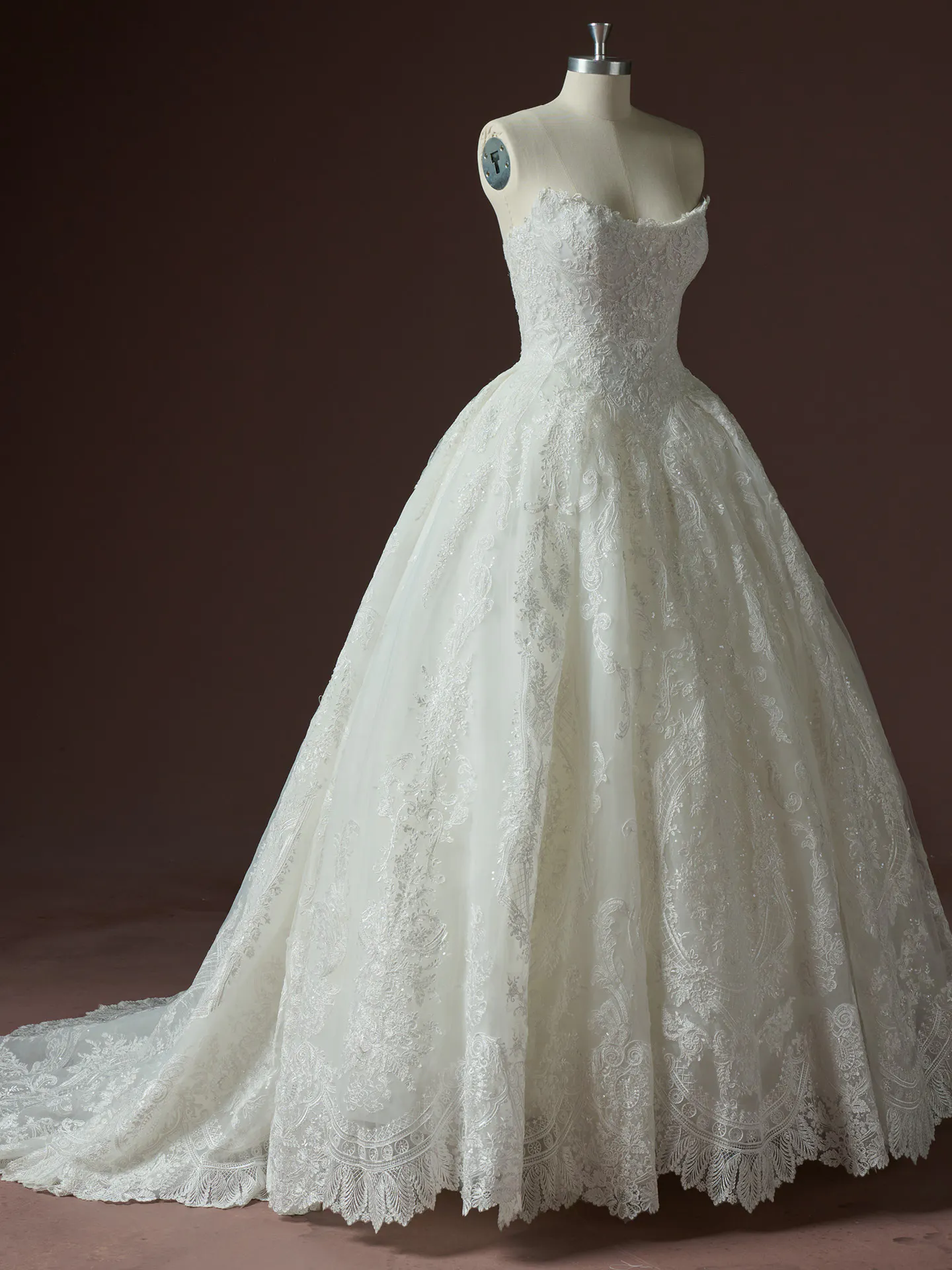 Sottero and Midgley Yesenia sequin lace ballgown dress on mannequin, front view.