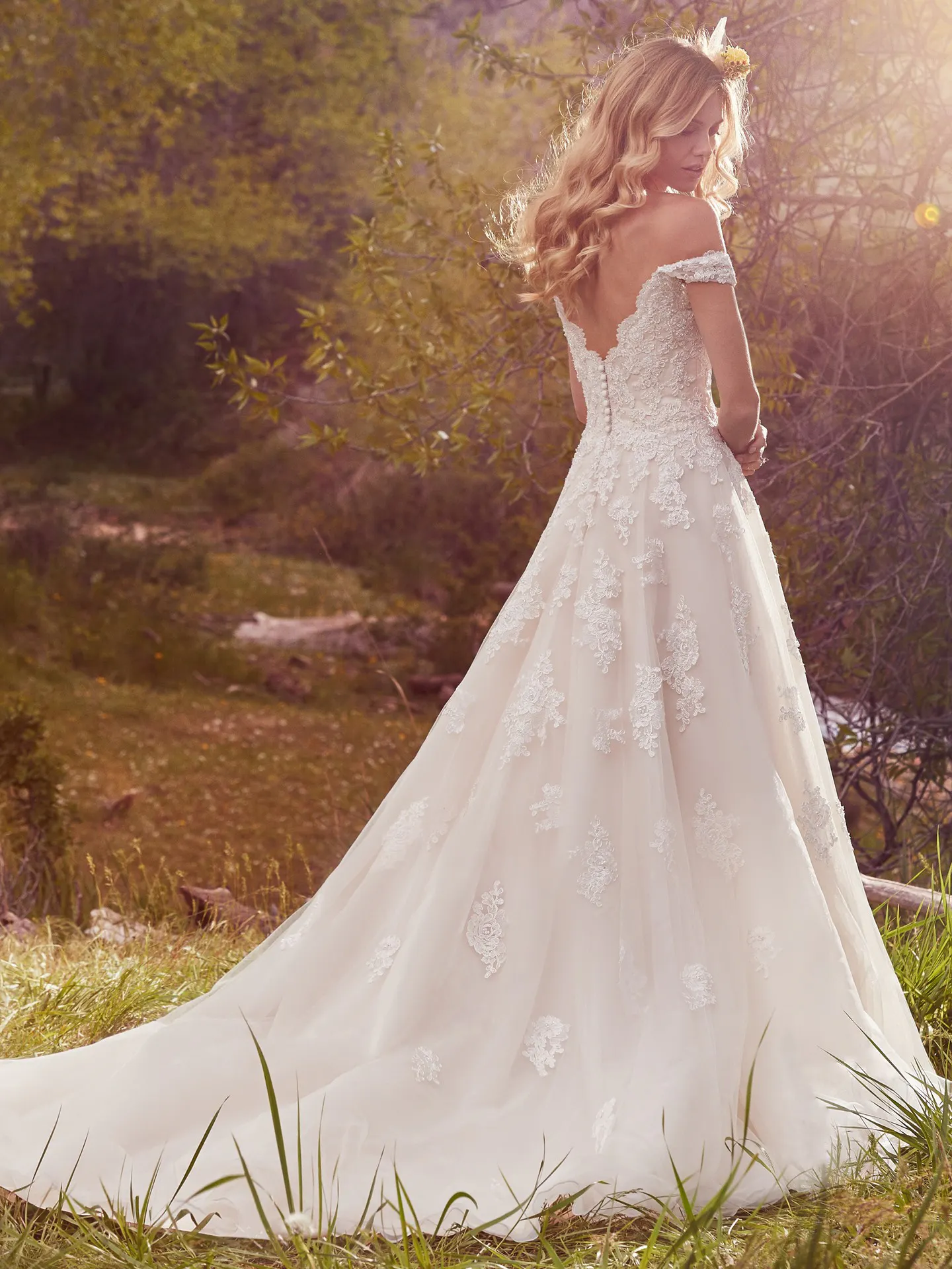 Saffron  Rustic Off the Shoulder Lace Wedding Dress by Maggie Sottero