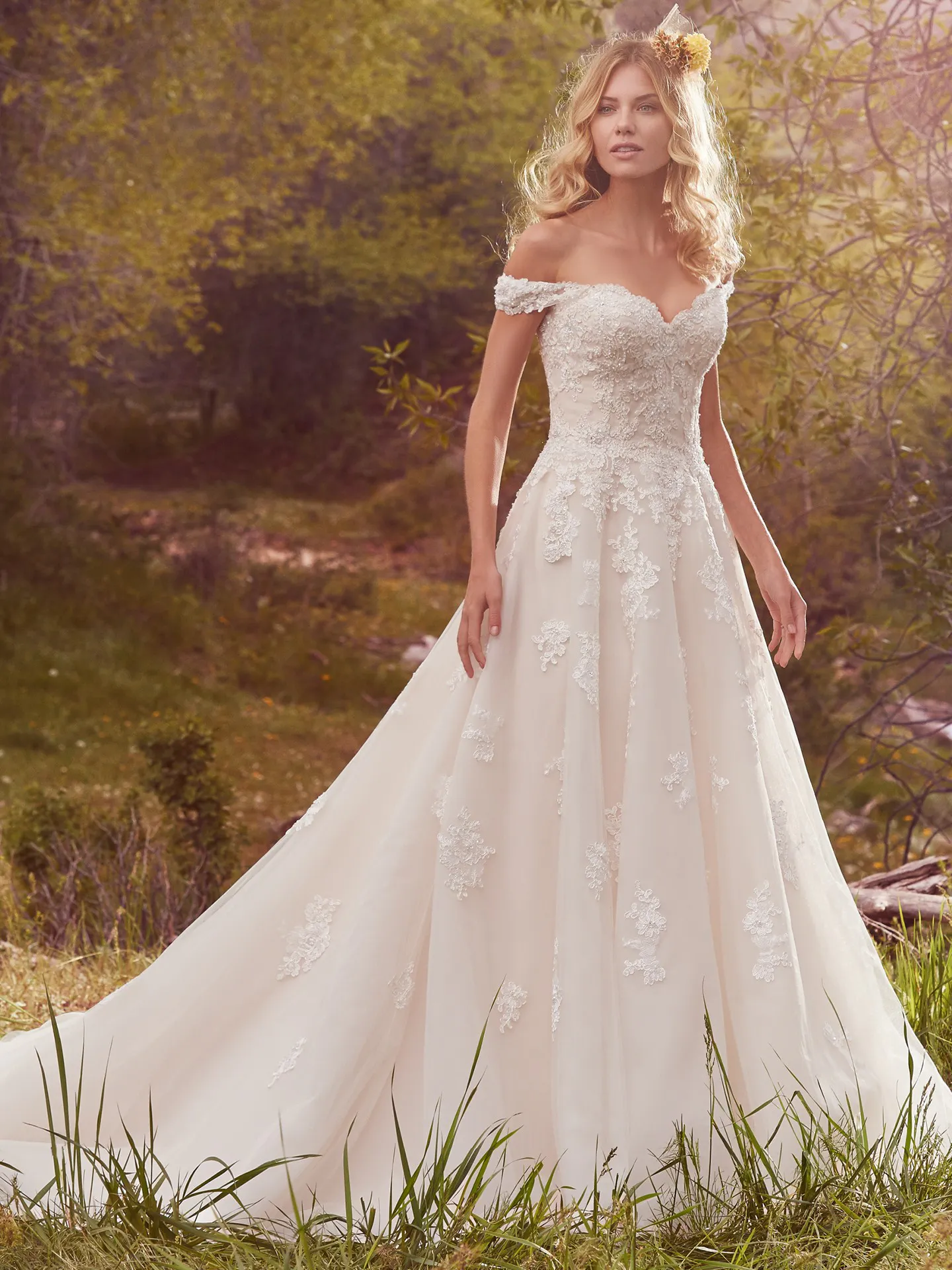Saffron  Rustic Off the Shoulder Lace Wedding Dress by Maggie Sottero
